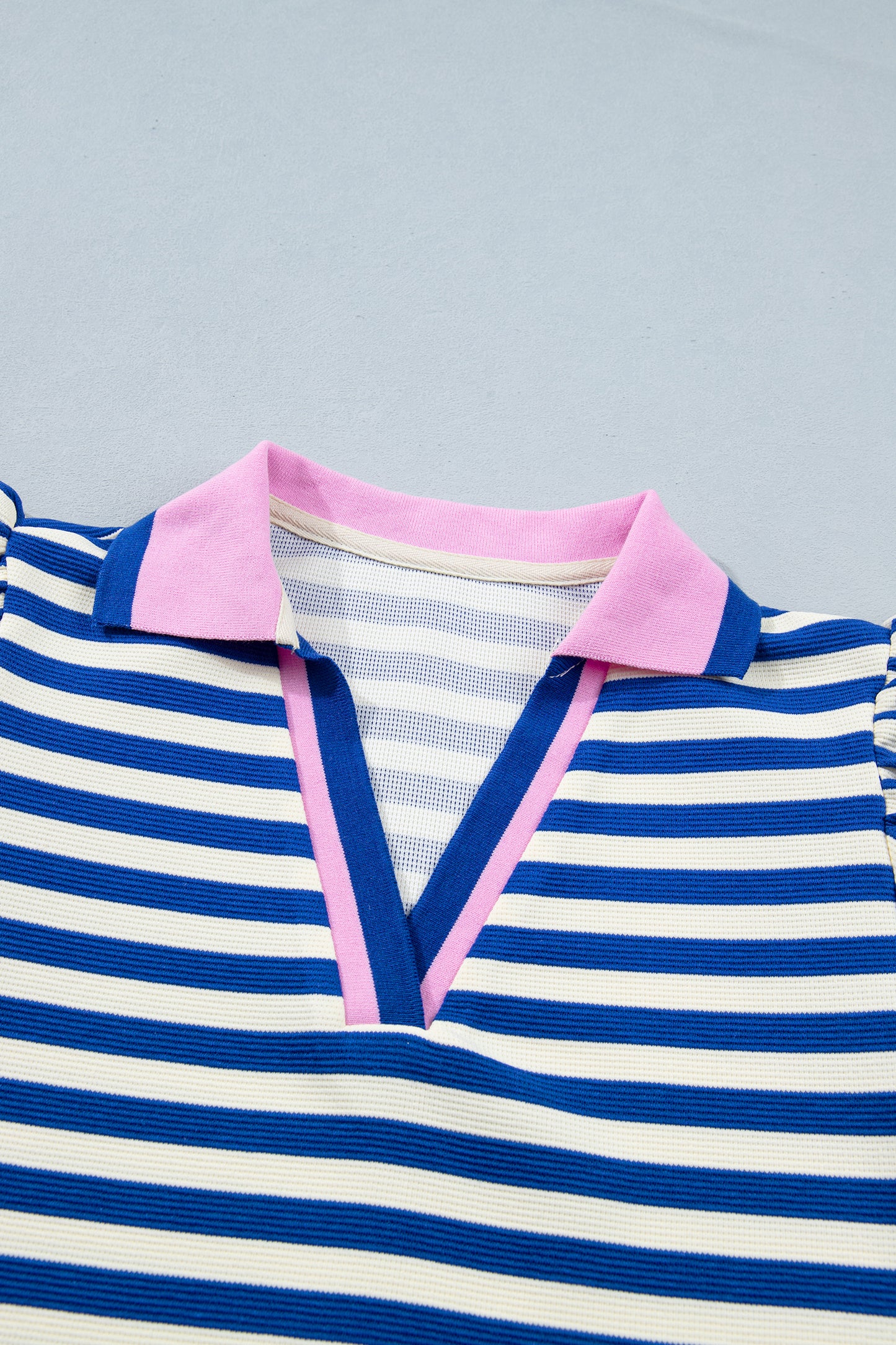 Rose Stripe Contrast Trim Polo Collar Ruffled Short Sleeve Blouse-Tops/Blouses & Shirts-[Adult]-[Female]-2022 Online Blue Zone Planet