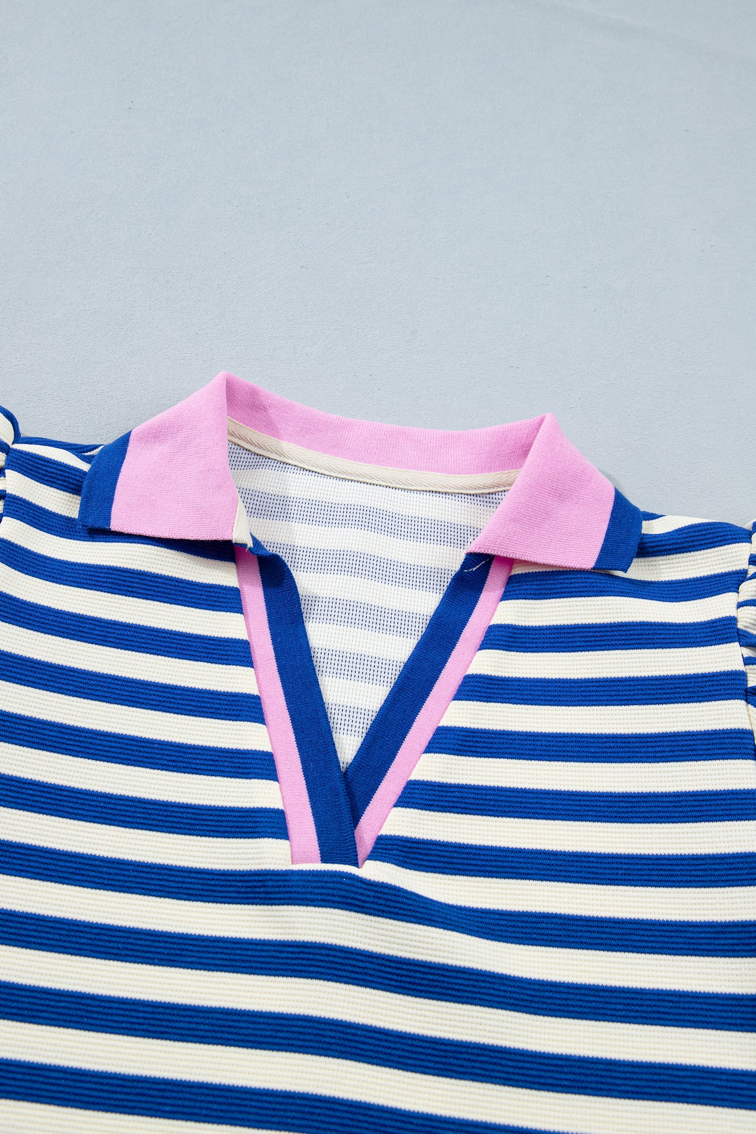 Rose Stripe Contrast Trim Polo Collar Ruffled Short Sleeve Blouse-Tops/Blouses & Shirts-[Adult]-[Female]-2022 Online Blue Zone Planet