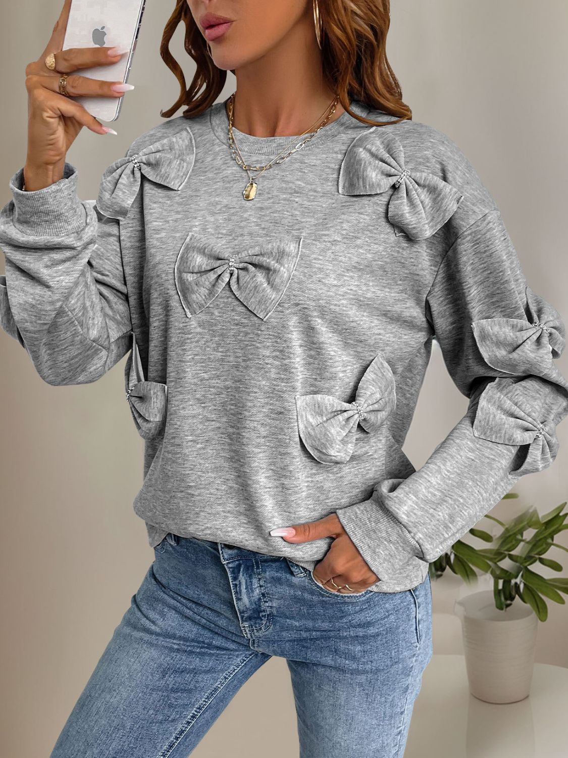 Perfee Bow Round Neck Long Sleeve Sweatshirt-TOPS / DRESSES-[Adult]-[Female]-2022 Online Blue Zone Planet