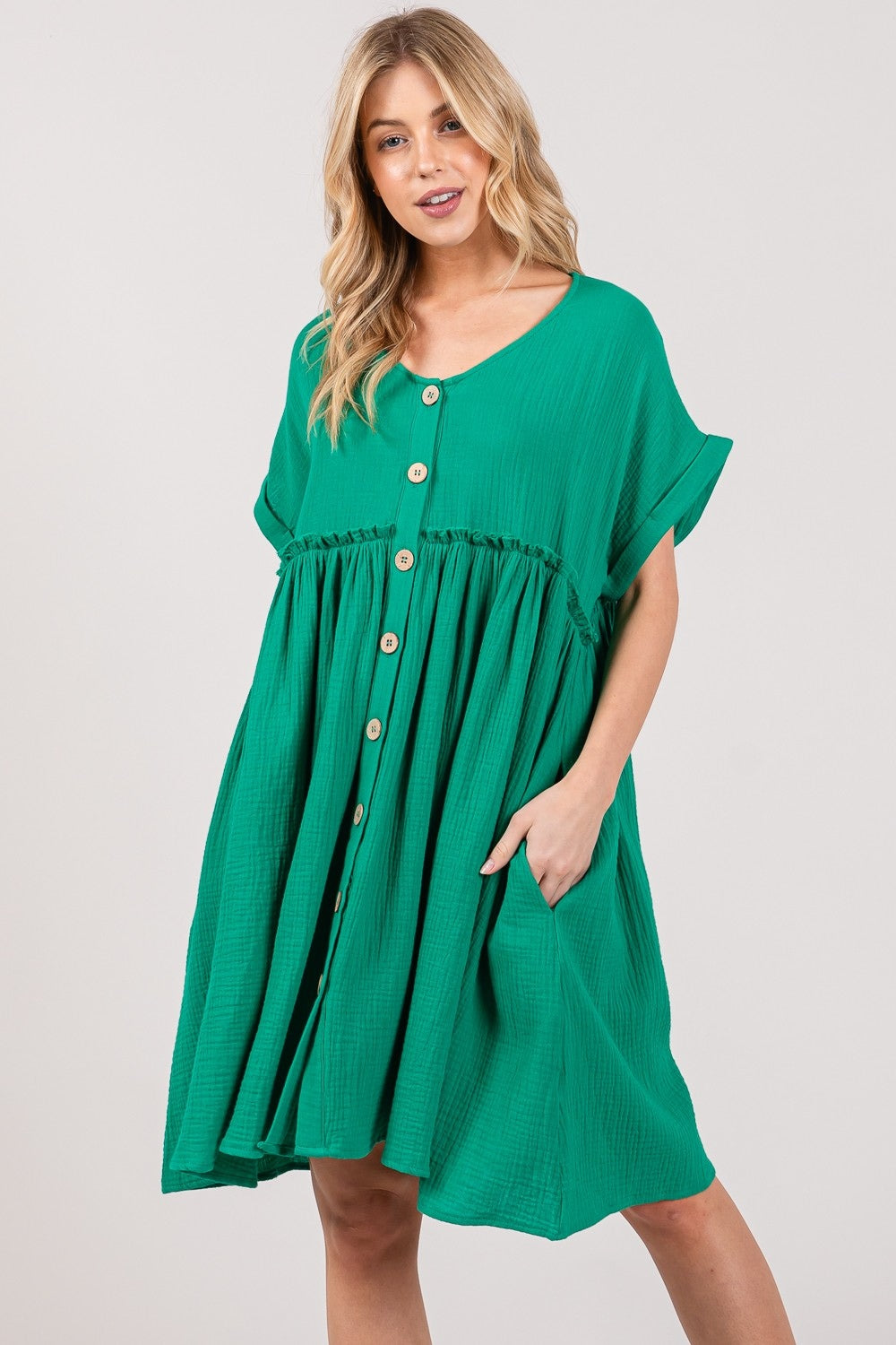 SAGE + FIG Full Size Button Up Short Sleeve Dress-TOPS / DRESSES-[Adult]-[Female]-2022 Online Blue Zone Planet