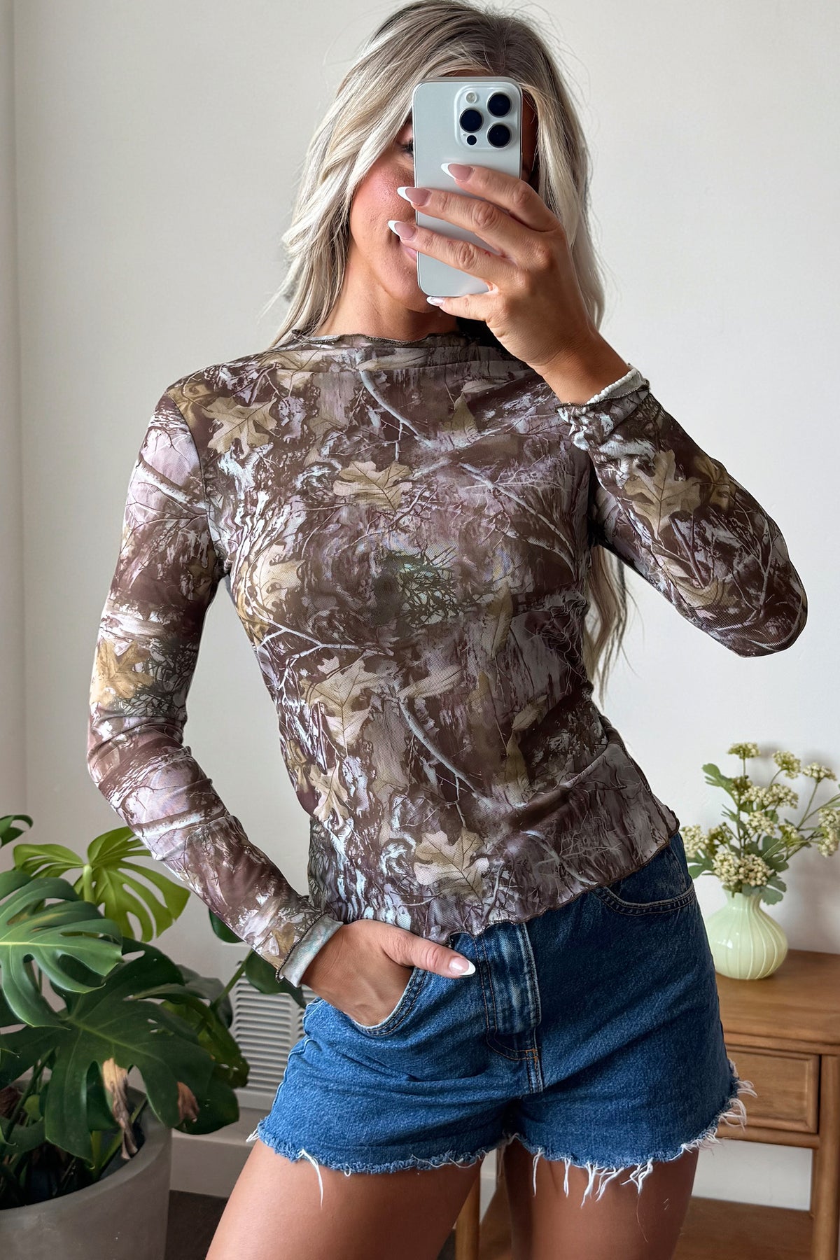 Smoke Gray Floral Print Slim Fit Mesh Long Sleeve Mock Neck Top-Tops/Long Sleeve Tops-[Adult]-[Female]-2022 Online Blue Zone Planet