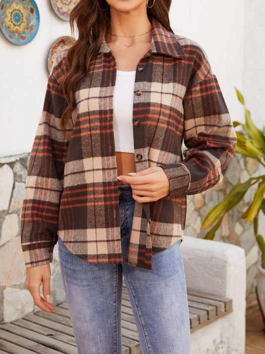 Plaid Button Up Long Sleeve Jacket-TOPS / DRESSES-[Adult]-[Female]-Brown-S-2022 Online Blue Zone Planet