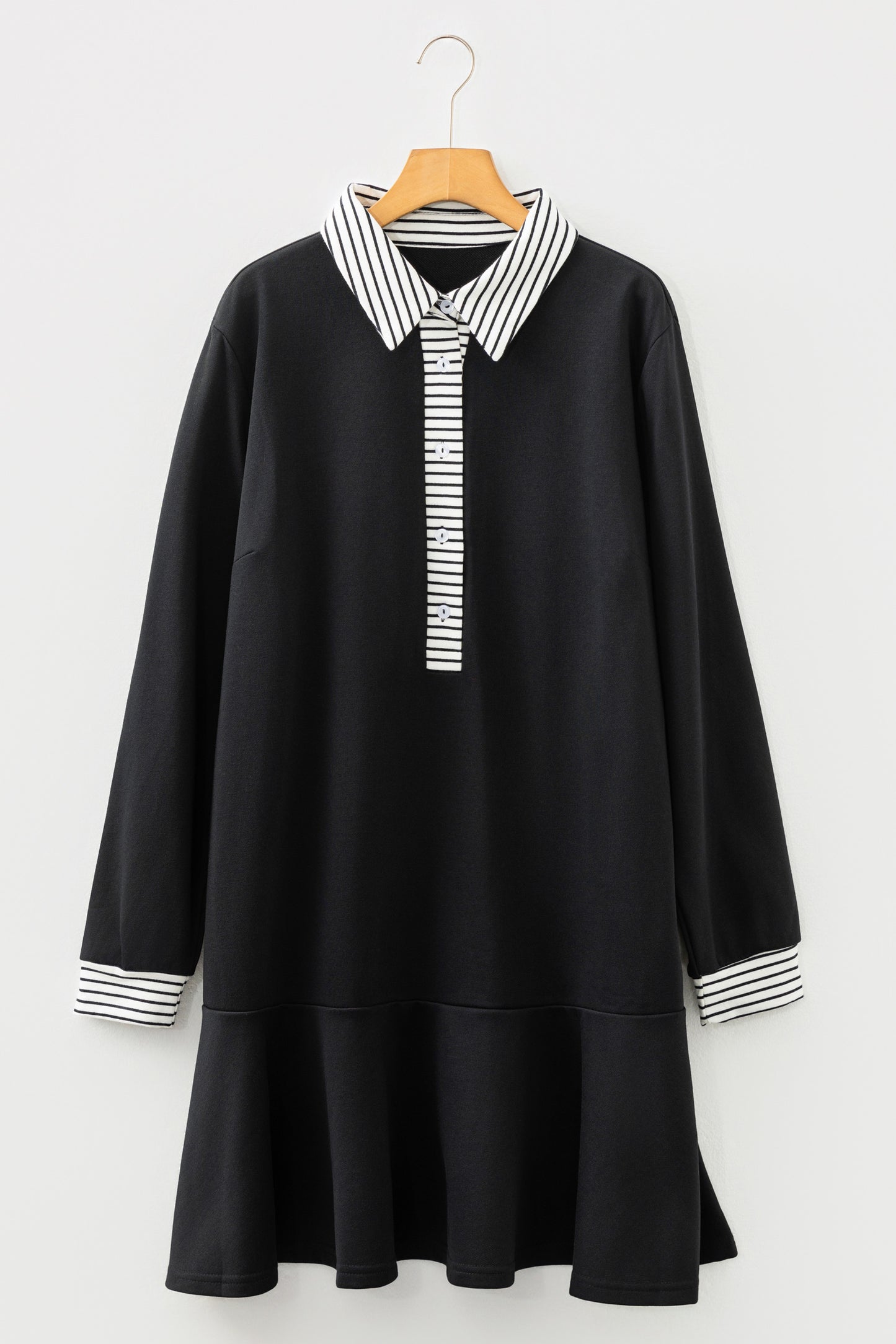 Black Plus Size Striped Cuffs Polo Collar Patchwork Long Sleeve Ruffle Hem Dress-TOPS / DRESSES-[Adult]-[Female]-2022 Online Blue Zone Planet