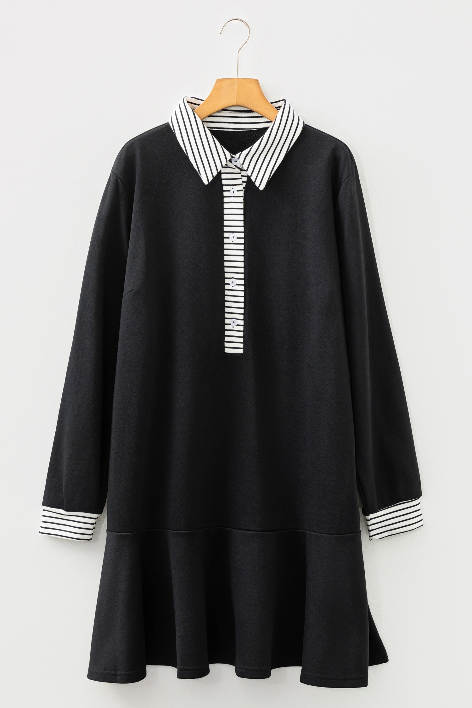 Black Plus Size Striped Cuffs Polo Collar Patchwork Long Sleeve Ruffle Hem Dress-TOPS / DRESSES-[Adult]-[Female]-2022 Online Blue Zone Planet