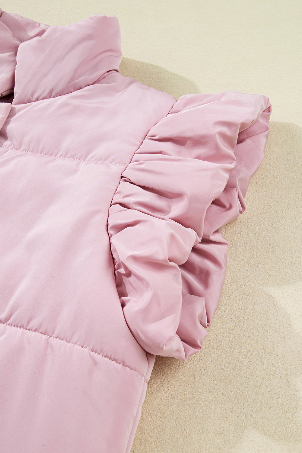 Pink Stand Neck Flutter Sleeve Snap Button Puffer Vest-Outerwear/Vests-[Adult]-[Female]-2022 Online Blue Zone Planet