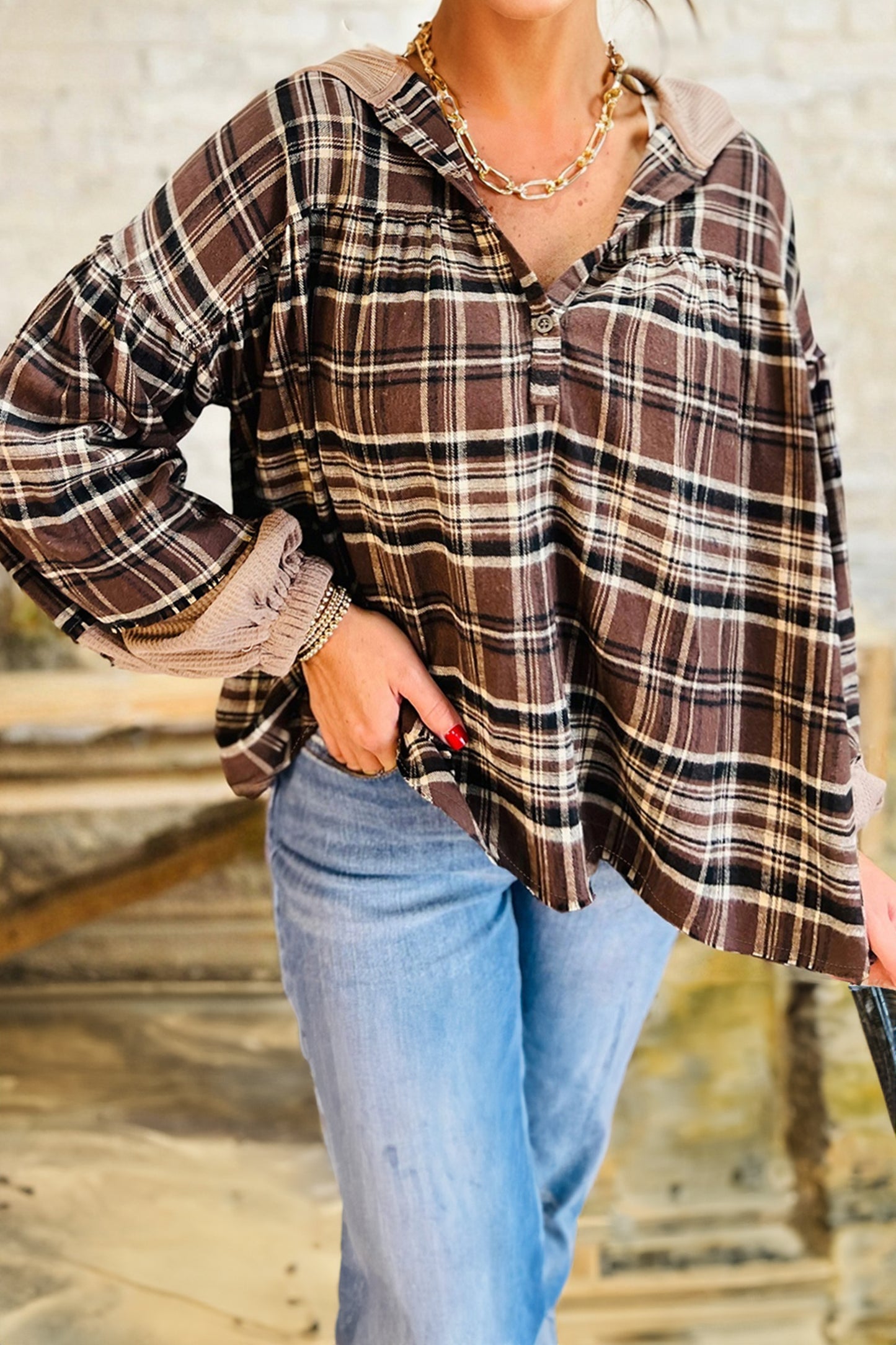 Brown Plaid Patchwork Long Sleeve Button Hooded Blouse-Tops / Dresses-[Adult]-[Female]-2022 Online Blue Zone Planet