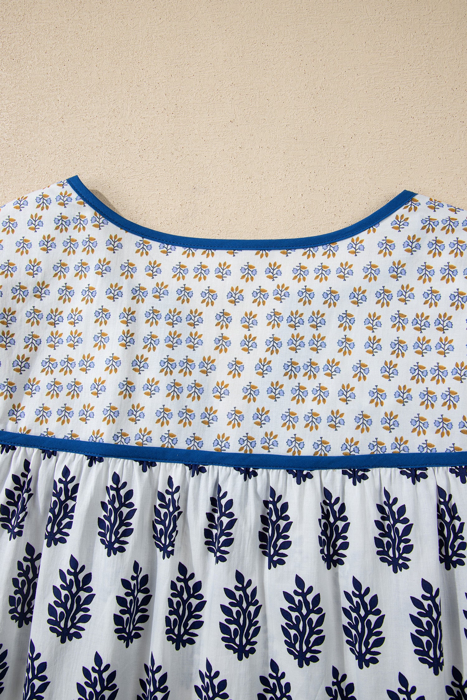 White Plus Size Boho Floral Print Contrast Trim Split Neck Puff Sleeve Patchwork Blouse-Plus Size/Plus Size Tops/Plus Size Blouses & Shirts-[Adult]-[Female]-2022 Online Blue Zone Planet