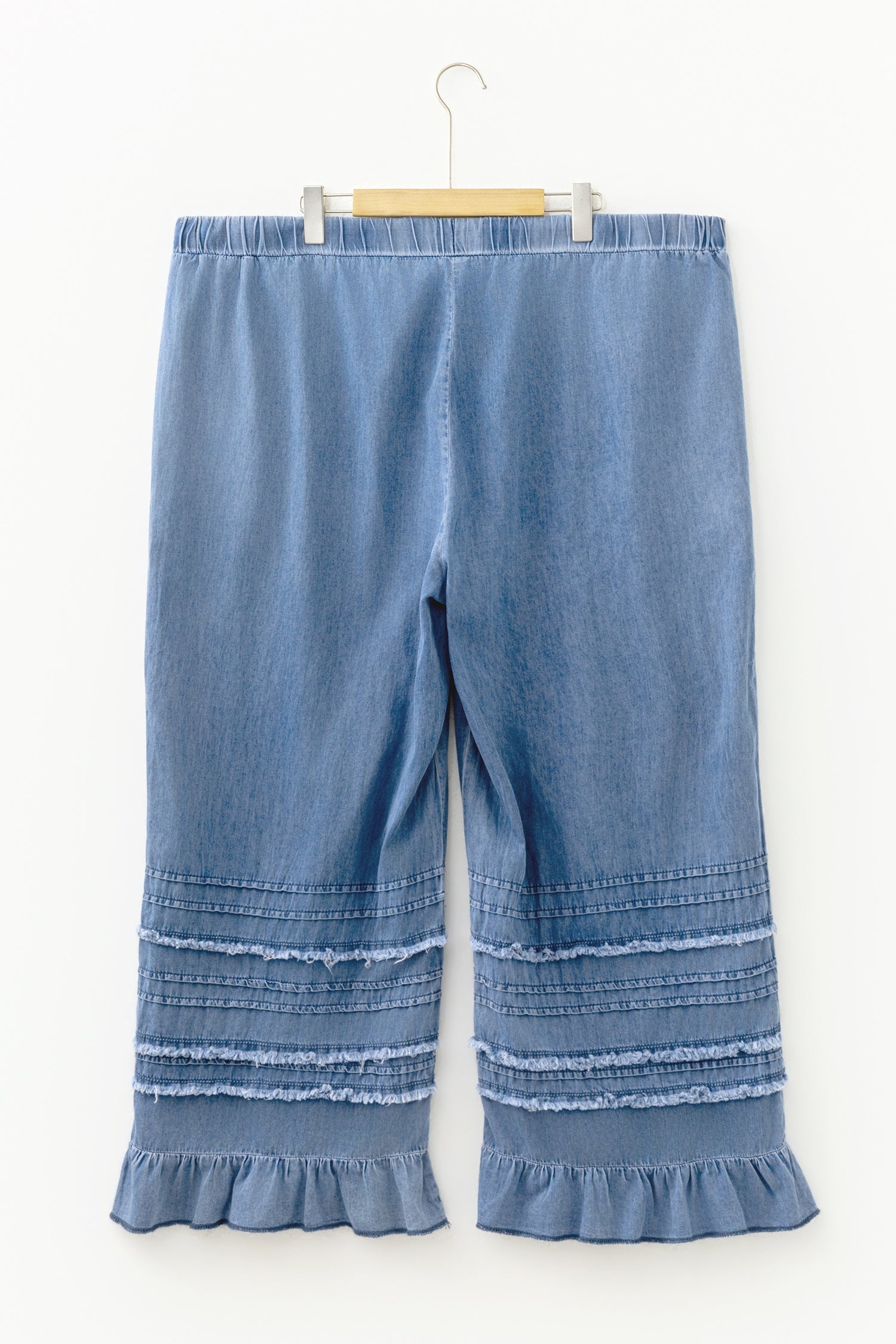 Dusk Blue Tiered Raw Edge Ruffled Plus Size Wide Leg Denim Pants-Plus Size/Plus Size Bottoms-[Adult]-[Female]-2022 Online Blue Zone Planet