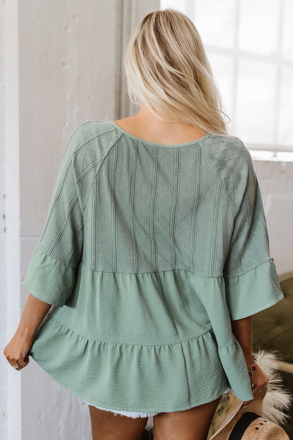 Laurel Green Tie Split Neck Textured Ruffle Patchwork Blouse-Tops/Blouses & Shirts-[Adult]-[Female]-2022 Online Blue Zone Planet