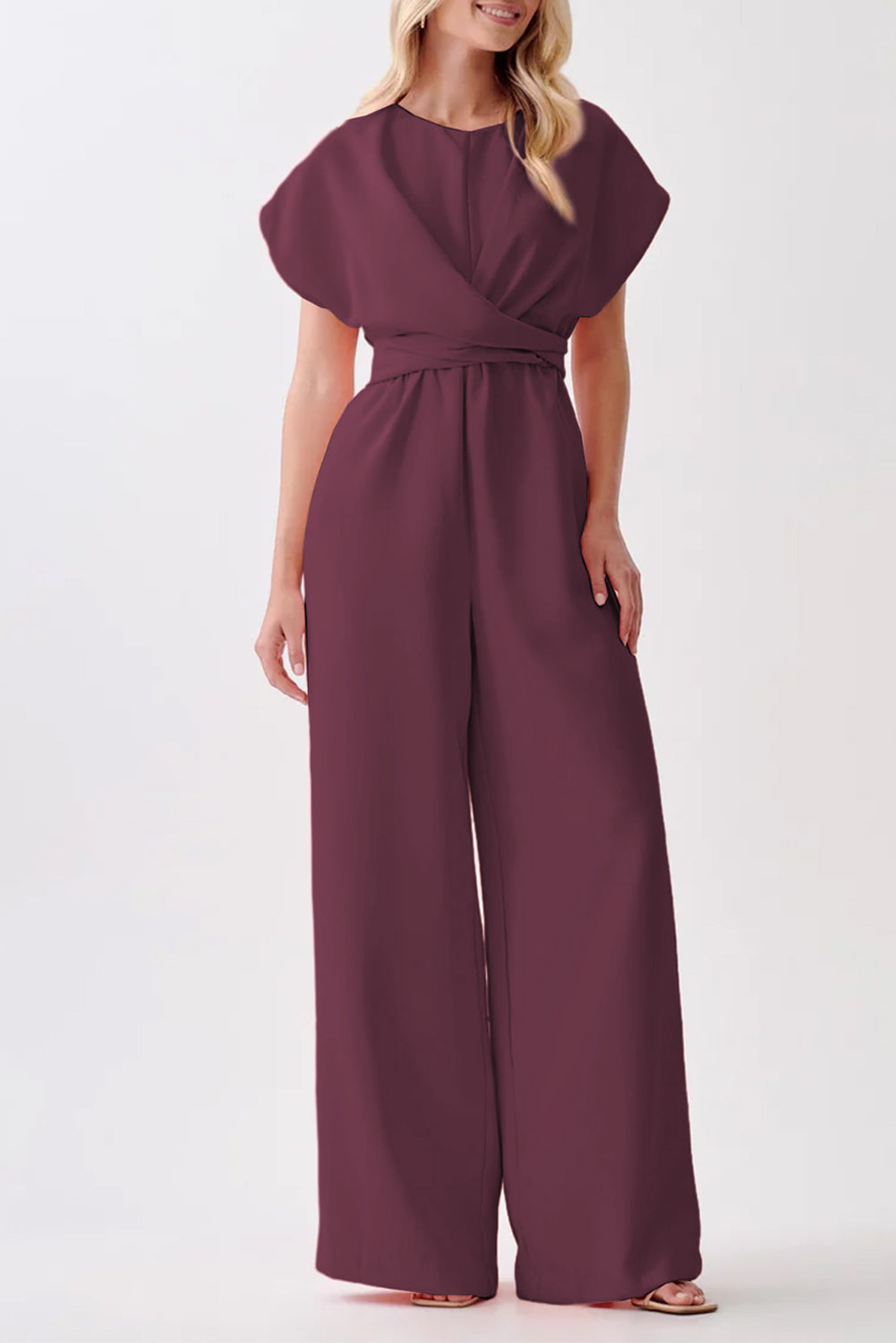 Burgundy Solid Color Cap Sleeve Knot Waist Shift Jumpsuit-Bottoms/Jumpsuits & Rompers-[Adult]-[Female]-Burgundy-S-2022 Online Blue Zone Planet