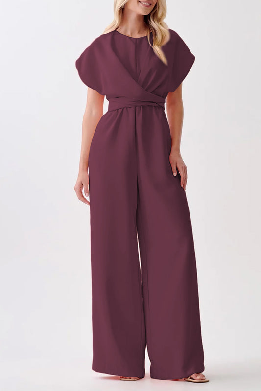 Burgundy Solid Color Cap Sleeve Knot Waist Shift Jumpsuit-Bottoms/Jumpsuits & Rompers-[Adult]-[Female]-Burgundy-S-2022 Online Blue Zone Planet