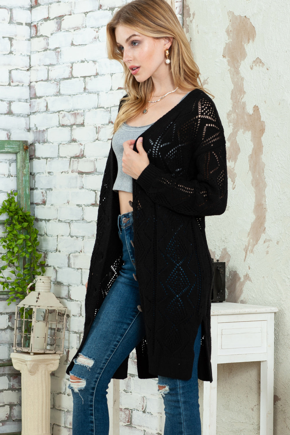 Black Button Up Hollow Out Loose Long Cardigan-Cardigans-[Adult]-[Female]-2022 Online Blue Zone Planet