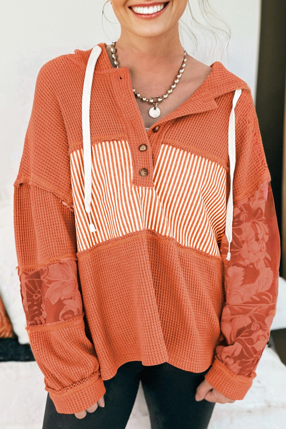 Cinnamon Waffle Printed Patchwork Drawstring Hooded Long Sleeve Top-Tops / Dresses-[Adult]-[Female]-2022 Online Blue Zone Planet