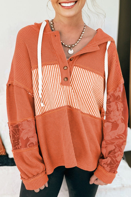 Cinnamon Waffle Printed Patchwork Drawstring Hooded Long Sleeve Top-Tops / Dresses-[Adult]-[Female]-2022 Online Blue Zone Planet