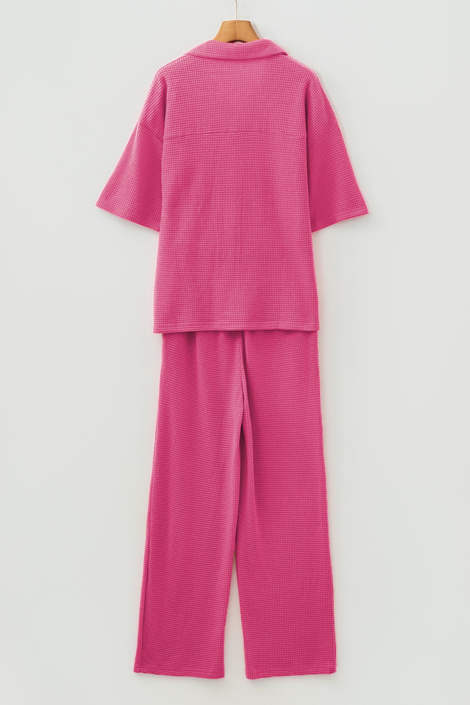 Rose Red Solid Color Textured Buttoned Shirt and Casual Pants Set-Two Piece Sets/Pant Sets-[Adult]-[Female]-2022 Online Blue Zone Planet