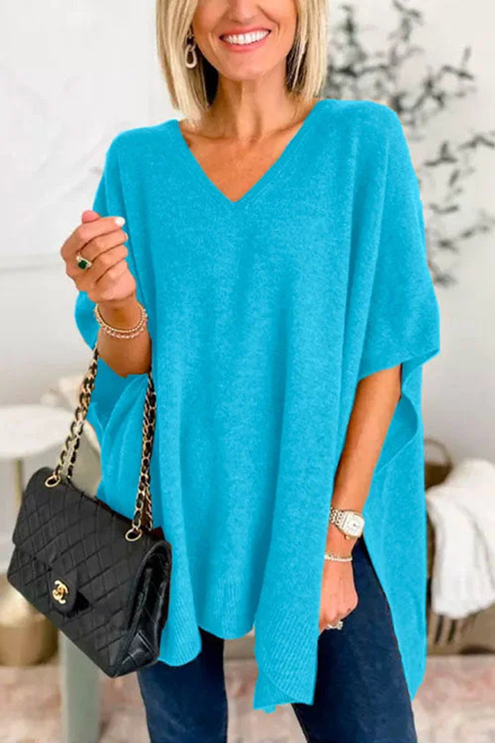 Slit V-Neck Half Sleeve Knit Top-TOPS / DRESSES-[Adult]-[Female]-Cerulean-S-2022 Online Blue Zone Planet