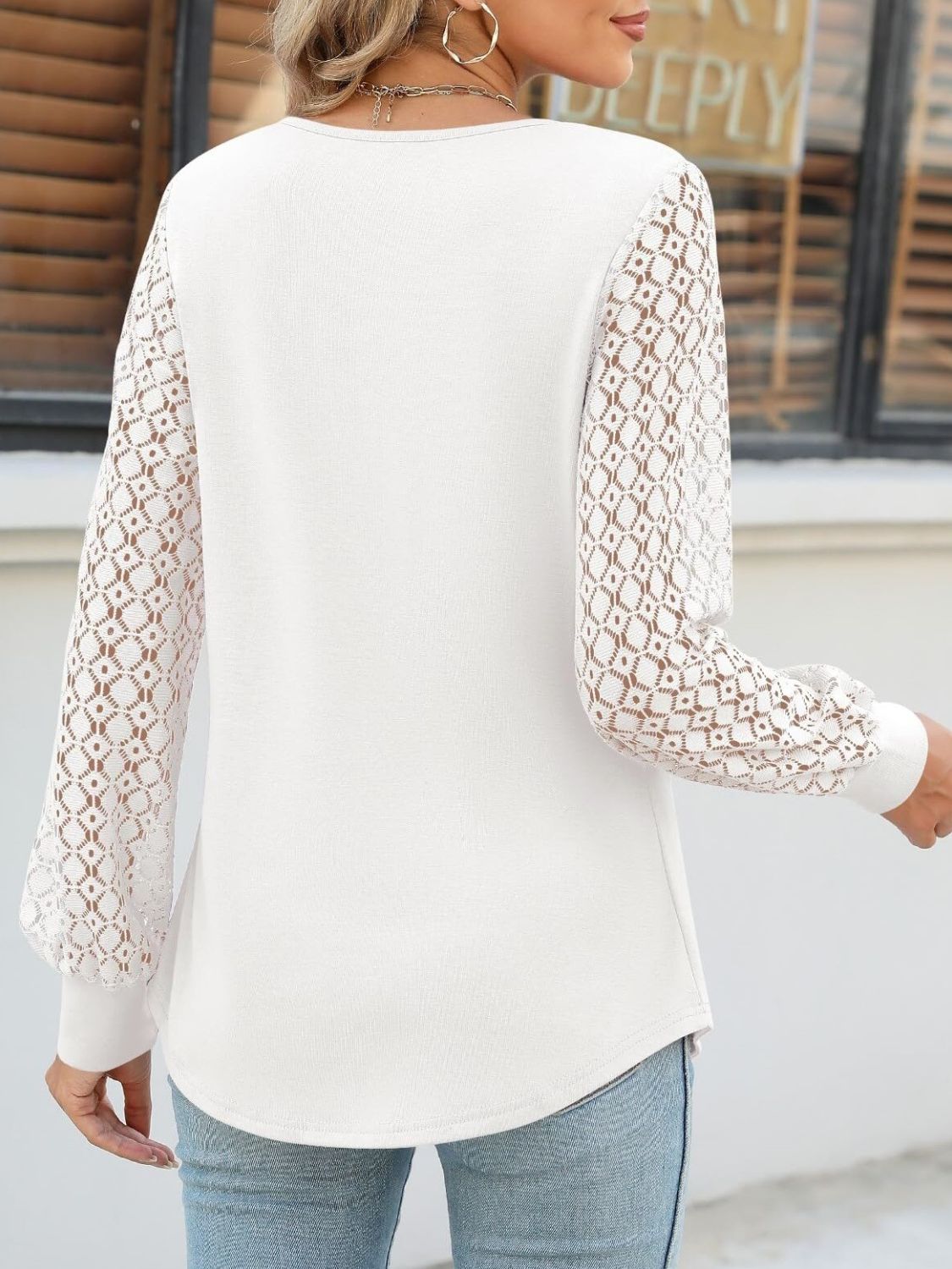 Cutout Round Neck Lace Long Sleeve Blouse-TOPS / DRESSES-[Adult]-[Female]-2022 Online Blue Zone Planet