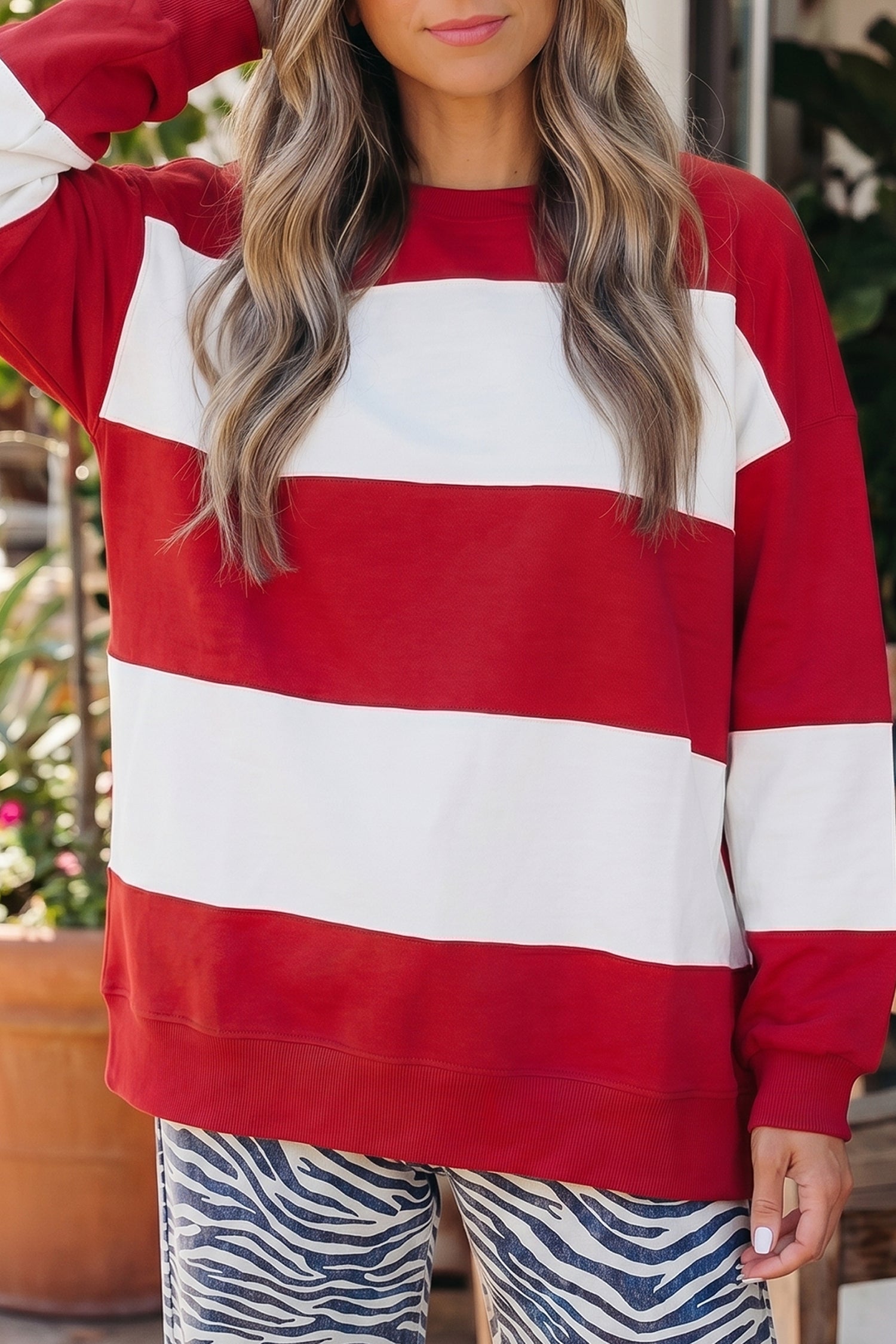 Fiery Red Colorblock Drop Shoulder Baggy Sweatshirt-Tops/Sweatshirts & Hoodies-[Adult]-[Female]-2022 Online Blue Zone Planet