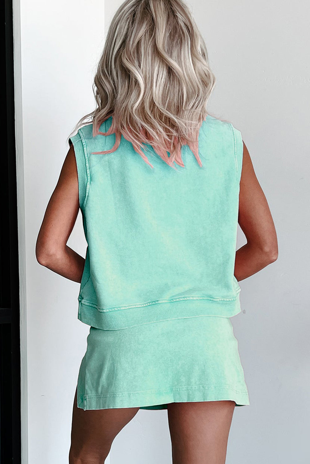 Mint Green 2 Pieces Mineral Wash Cotton Tank Top Lined Split Skirt Set-Two Piece Sets/Two Piece Dresses-[Adult]-[Female]-2022 Online Blue Zone Planet