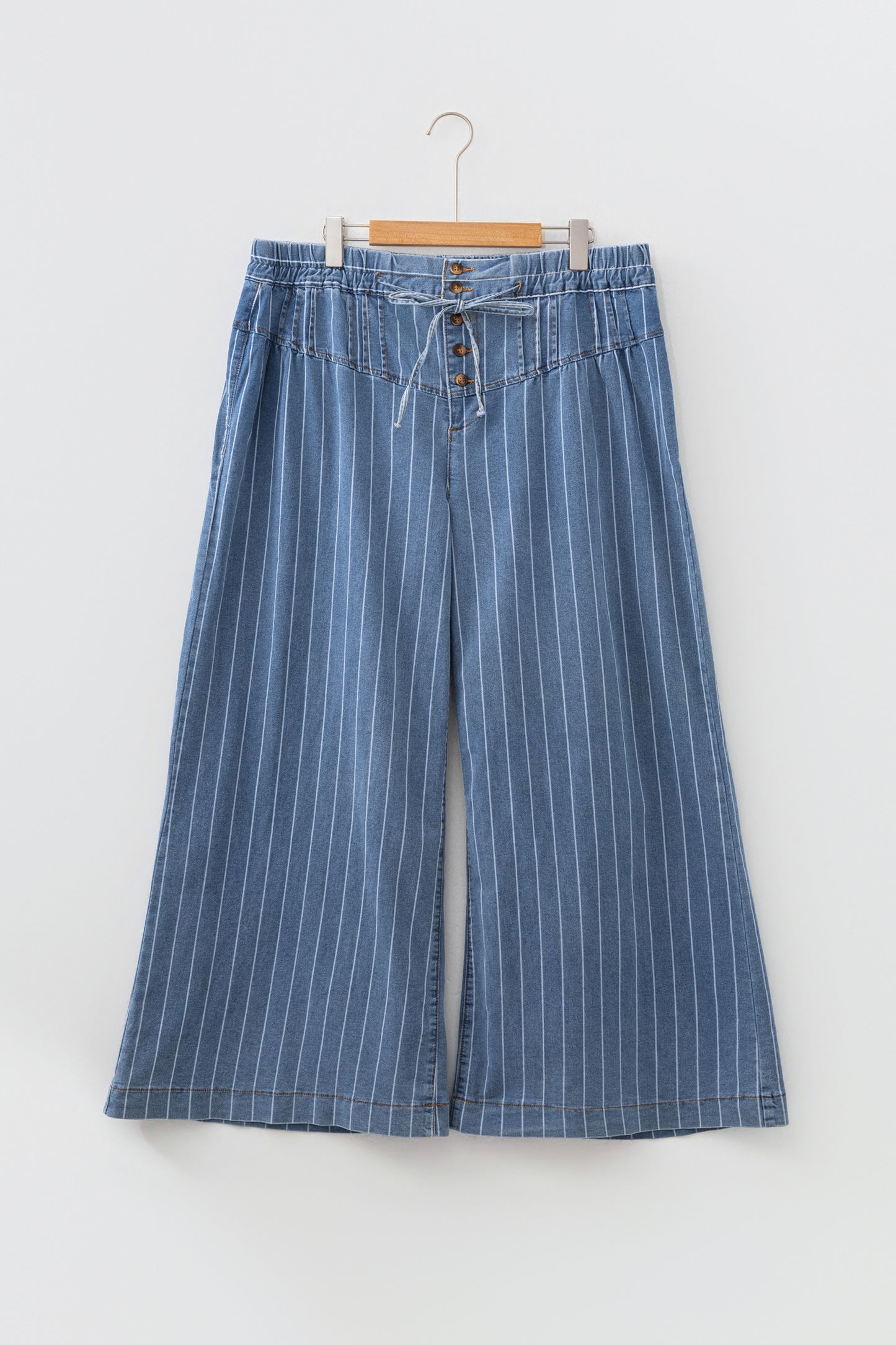 Sky Blue Stripe Plus Size Buttoned Loose Wide Leg Denim Pants-Plus Size/Plus Size Bottoms-[Adult]-[Female]-2022 Online Blue Zone Planet
