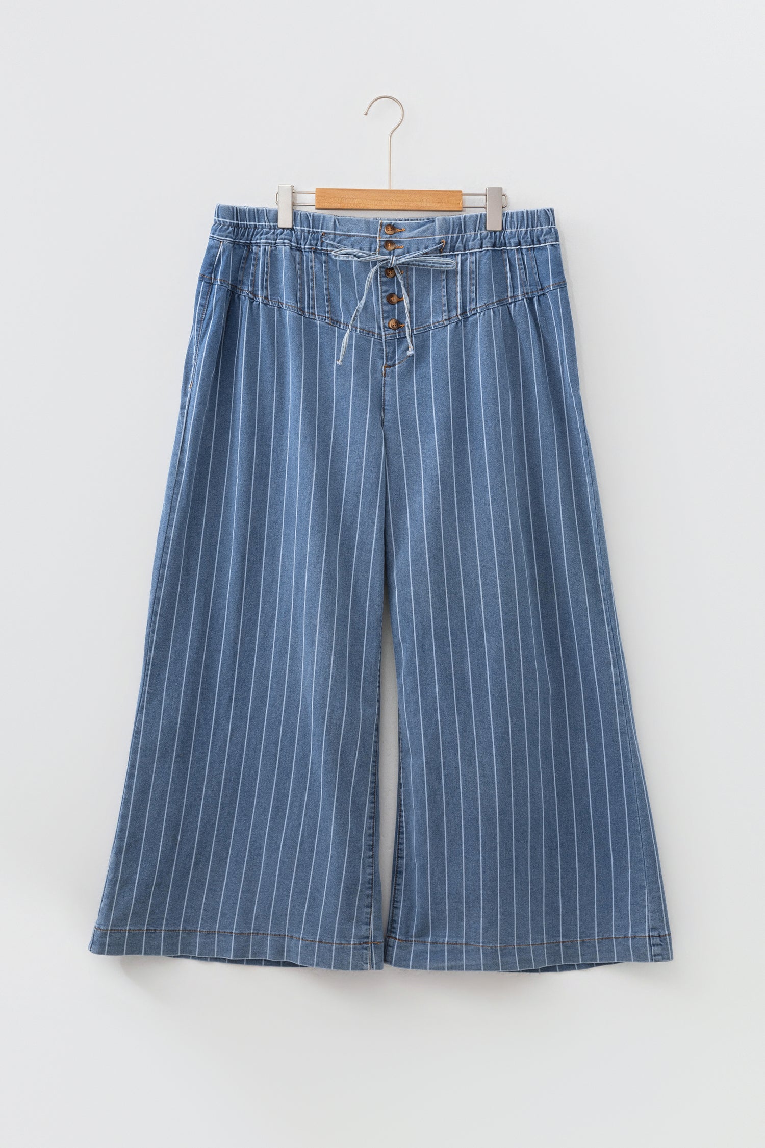 Sky Blue Stripe Plus Size Buttoned Loose Wide Leg Denim Pants-Plus Size/Plus Size Bottoms-[Adult]-[Female]-2022 Online Blue Zone Planet