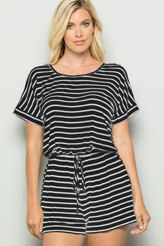 Blue Zone Planet | Heimish Full Size Striped Round Neck Short Sleeve Romper-TOPS / DRESSES-[Adult]-[Female]-BLACKIVORY-S-2022 Online Blue Zone Planet