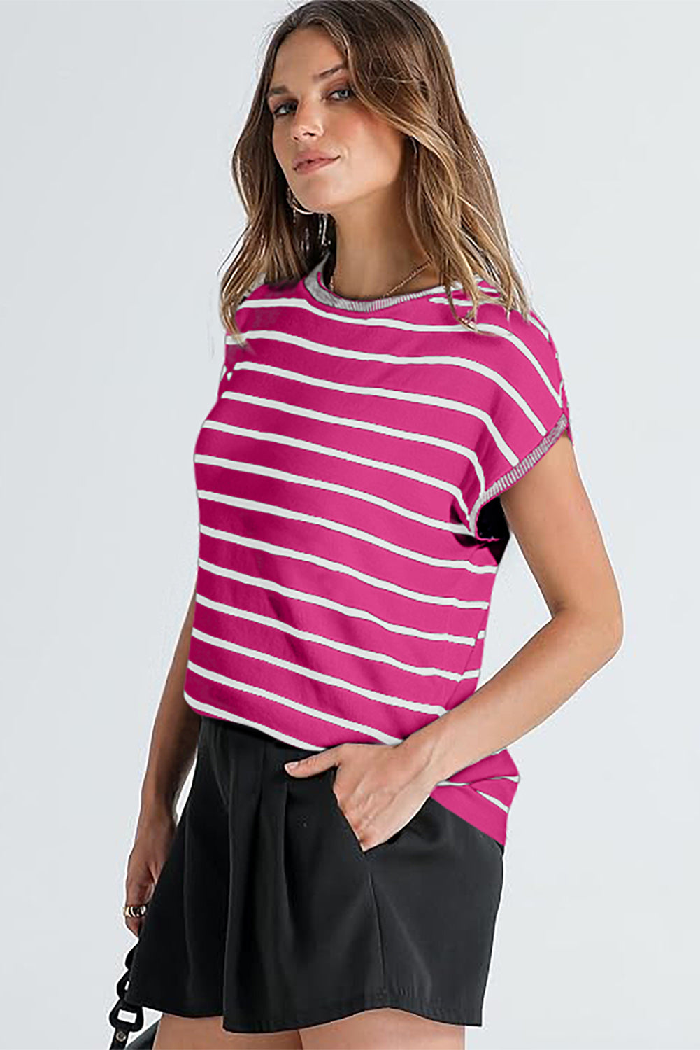White Stripe Knitted Bat Sleeve T Shirt-Sweaters & Cardigans/Short Sleeve Sweaters-[Adult]-[Female]-2022 Online Blue Zone Planet