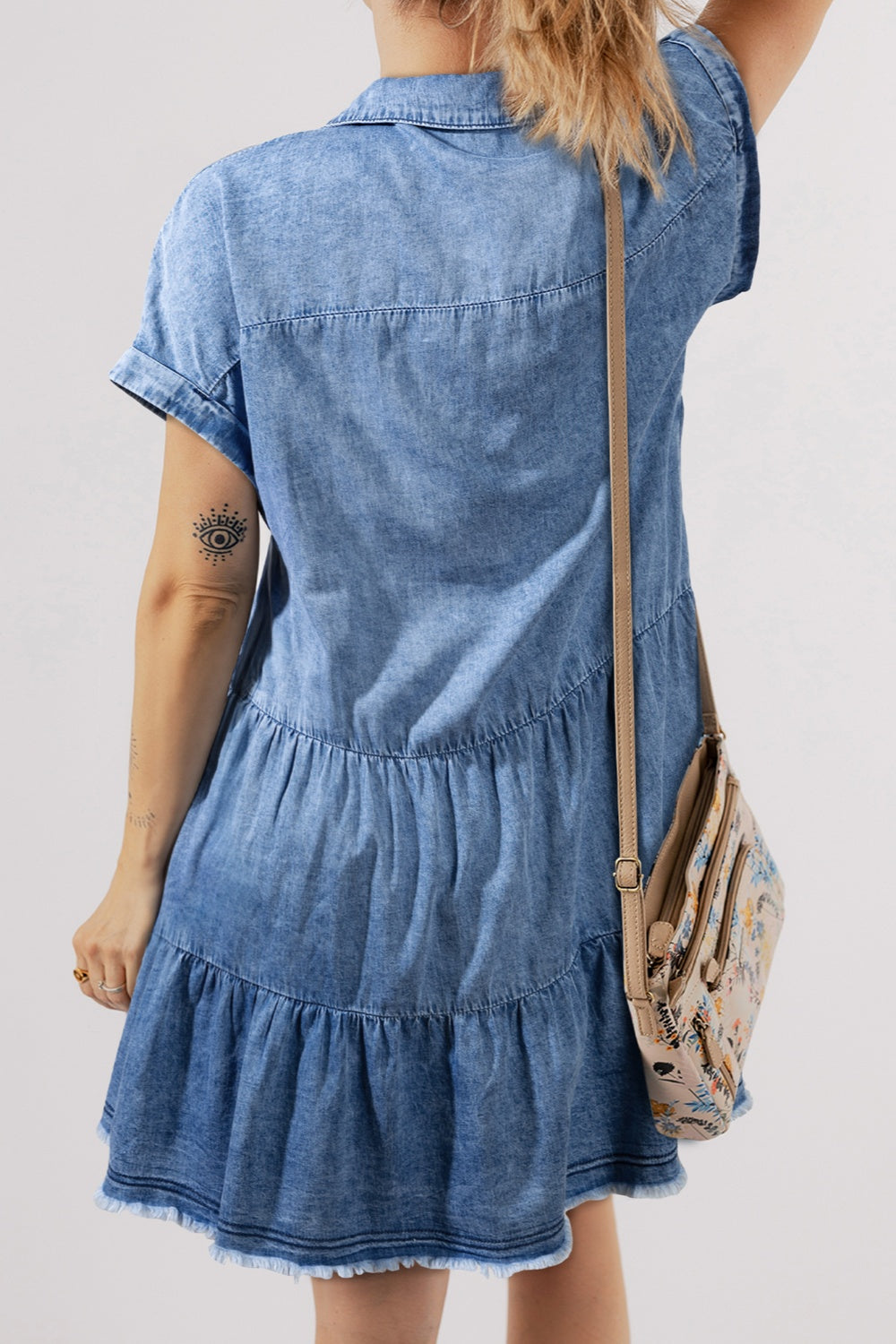 Raw Hem Collared Neck Short Sleeve Denim Dress-TOPS / DRESSES-[Adult]-[Female]-2022 Online Blue Zone Planet