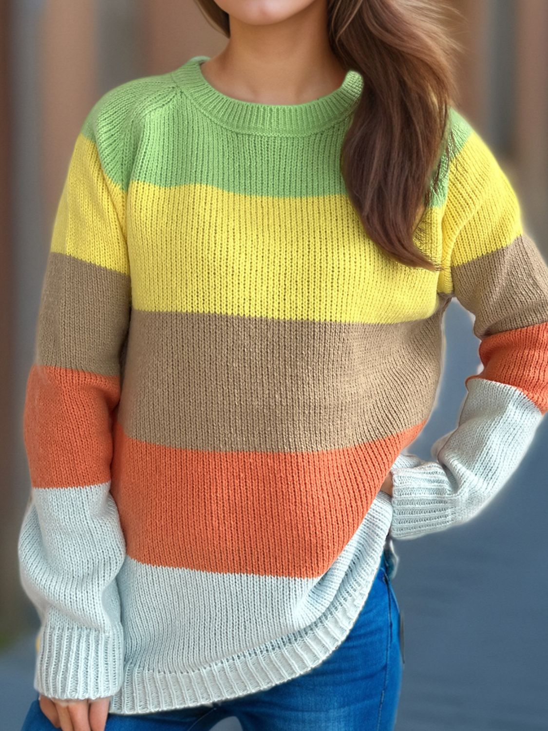 Blue Zone Planet | Color Block Round Neck Long Sleeve Sweater-TOPS / DRESSES-[Adult]-[Female]-Lime-One Size-2022 Online Blue Zone Planet