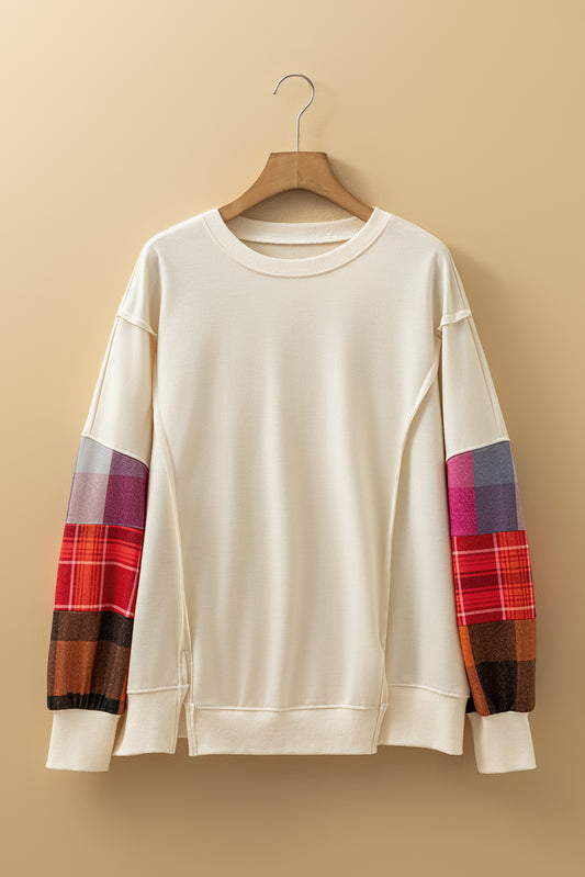 Beige Contrast Plaid Long Sleeve Exposed Seam Patchwork Top-Tops/Long Sleeve Tops-[Adult]-[Female]-2022 Online Blue Zone Planet