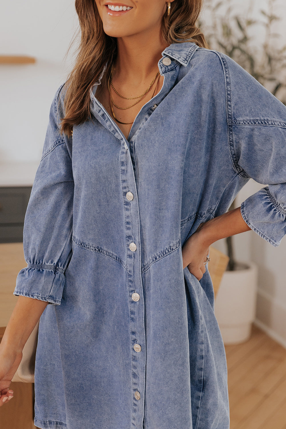 Blue Zone Planet | Sky Blue Buttoned Long Sleeve Denim Mini Dress-TOPS / DRESSES-[Adult]-[Female]-2022 Online Blue Zone Planet