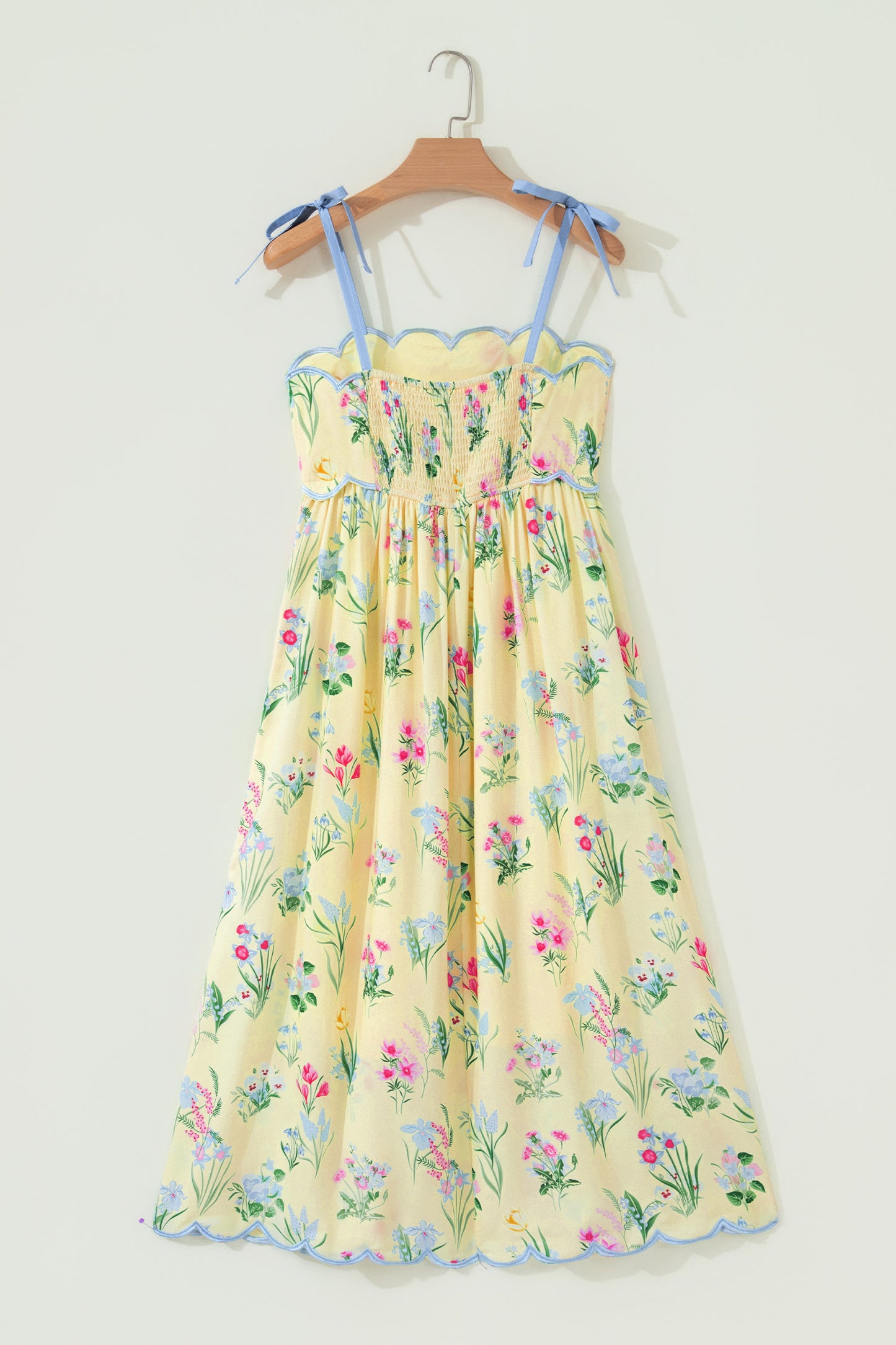 Beige Floral Print Contrast Trim Self-tie Straps High Waist Midi Dress-TOPS / DRESSES-[Adult]-[Female]-2022 Online Blue Zone Planet