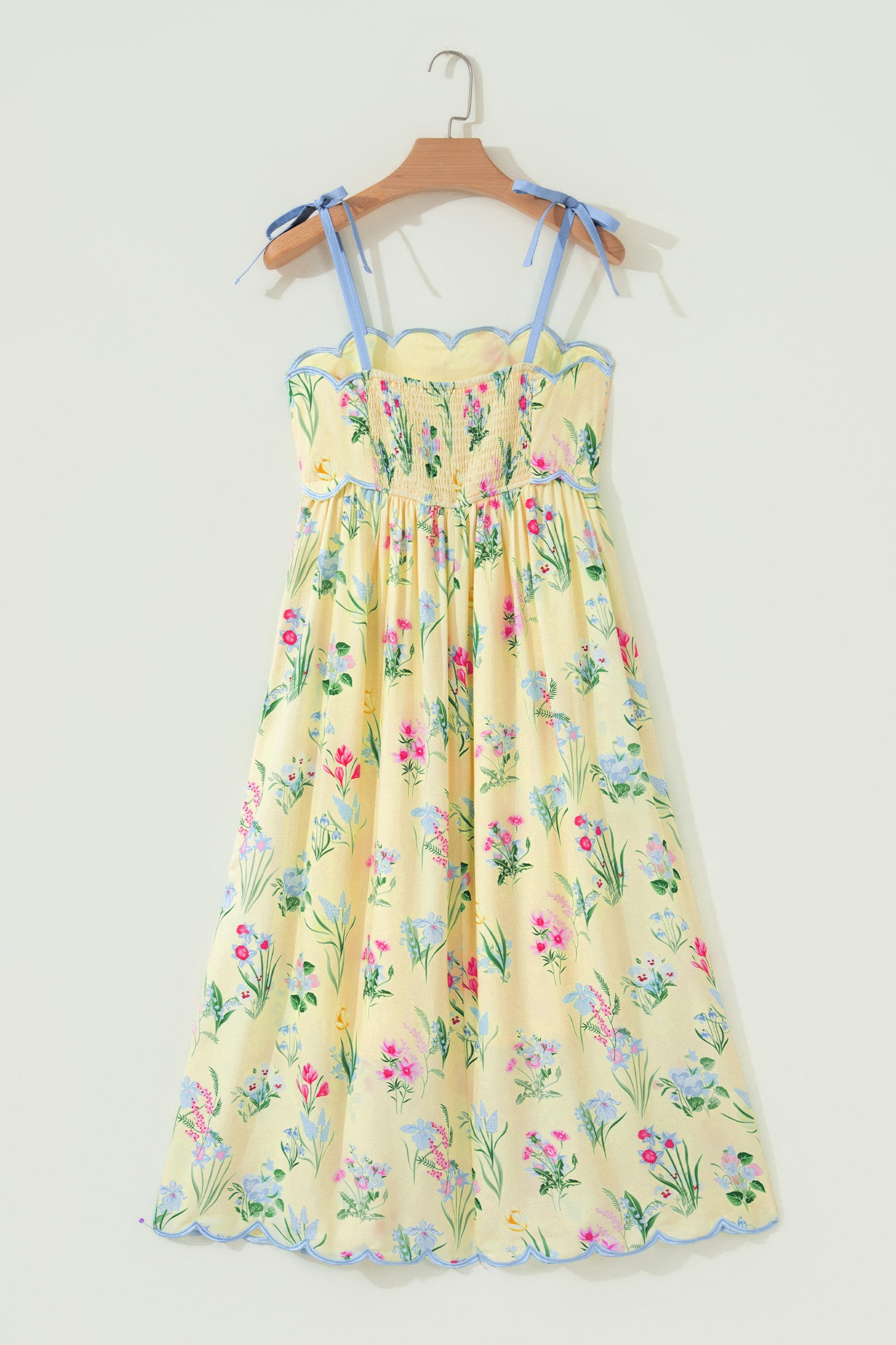 Beige Floral Print Contrast Trim Self-tie Straps High Waist Midi Dress-TOPS / DRESSES-[Adult]-[Female]-2022 Online Blue Zone Planet