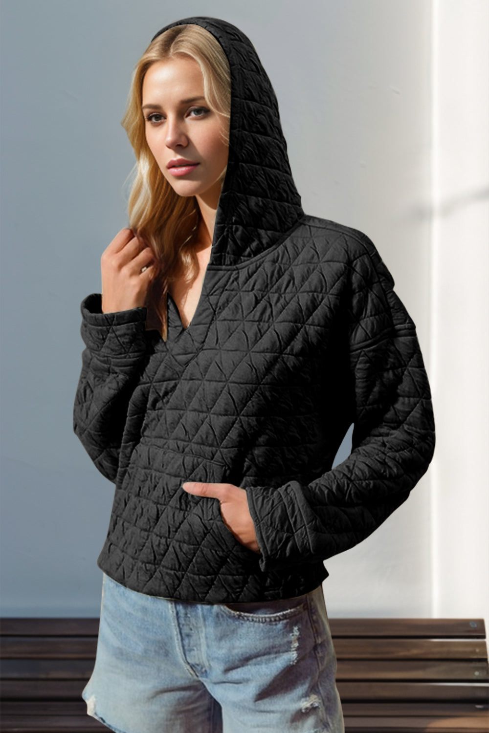 Double Take Quilted Long Sleeve Hoodie with Pocket-TOPS / DRESSES-[Adult]-[Female]-Black-S-2022 Online Blue Zone Planet