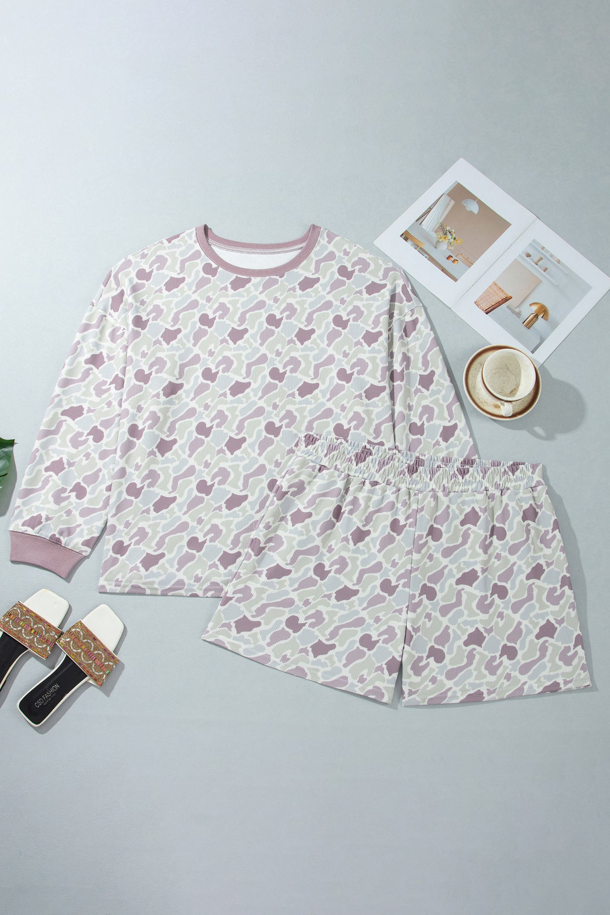 Green Camouflage Print Waffle Textured Pullover and Shorts Plus Size 2pcs Set-Plus Size/Plus Size Loungewear-[Adult]-[Female]-2022 Online Blue Zone Planet