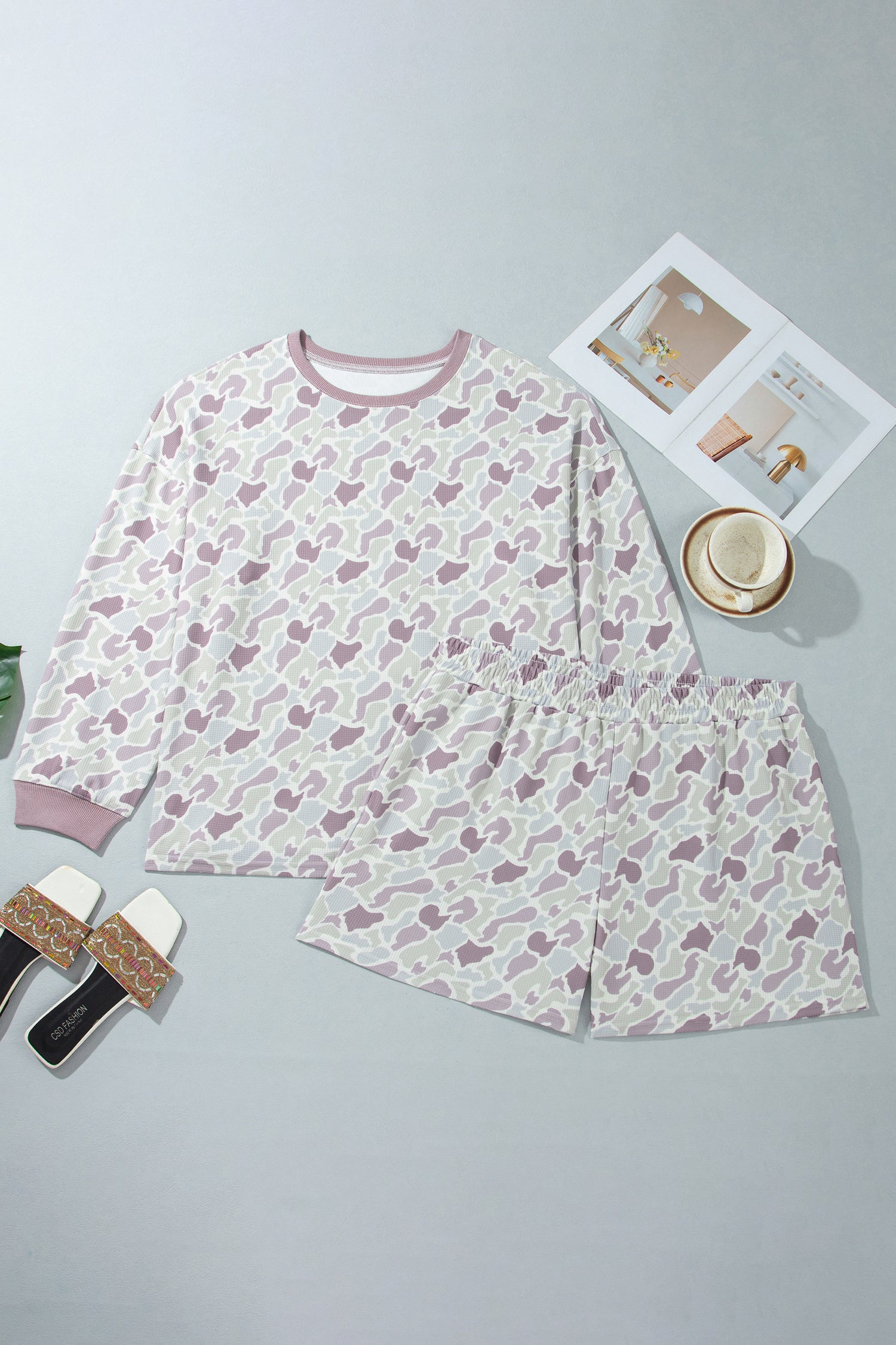 Green Camouflage Print Waffle Textured Pullover and Shorts Plus Size 2pcs Set-Plus Size/Plus Size Loungewear-[Adult]-[Female]-2022 Online Blue Zone Planet