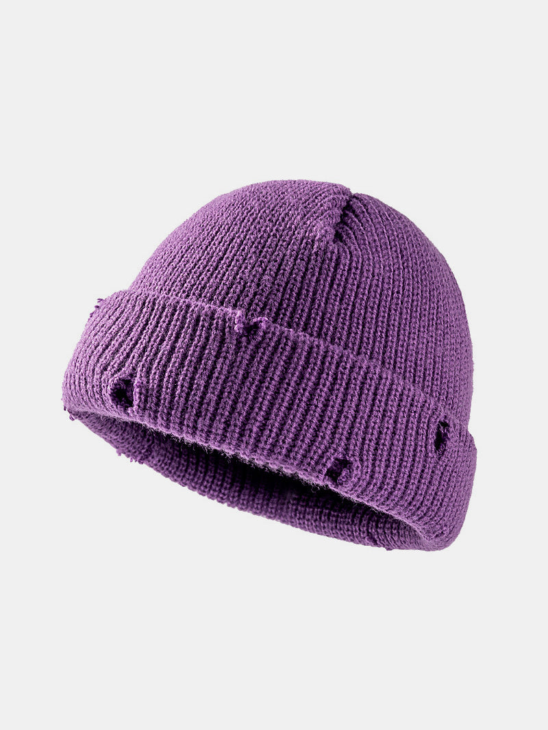 Distressed Cuffed Knit Hat-BEANIES-[Adult]-[Female]-Purple-One Size-2022 Online Blue Zone Planet