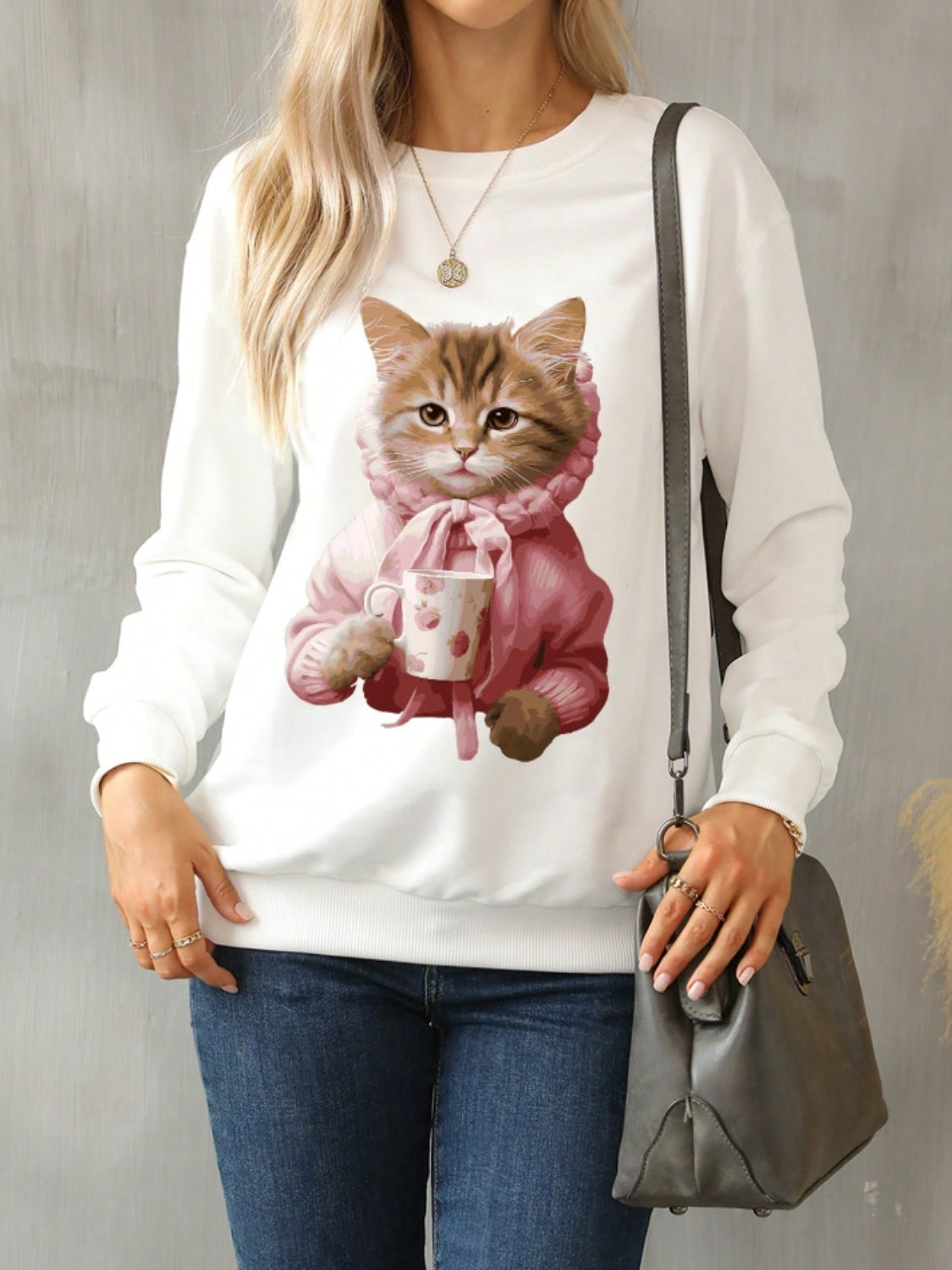 Cat Round Neck Long Sleeve Sweatshirt-TOPS / DRESSES-[Adult]-[Female]-Ivory-S-2022 Online Blue Zone Planet