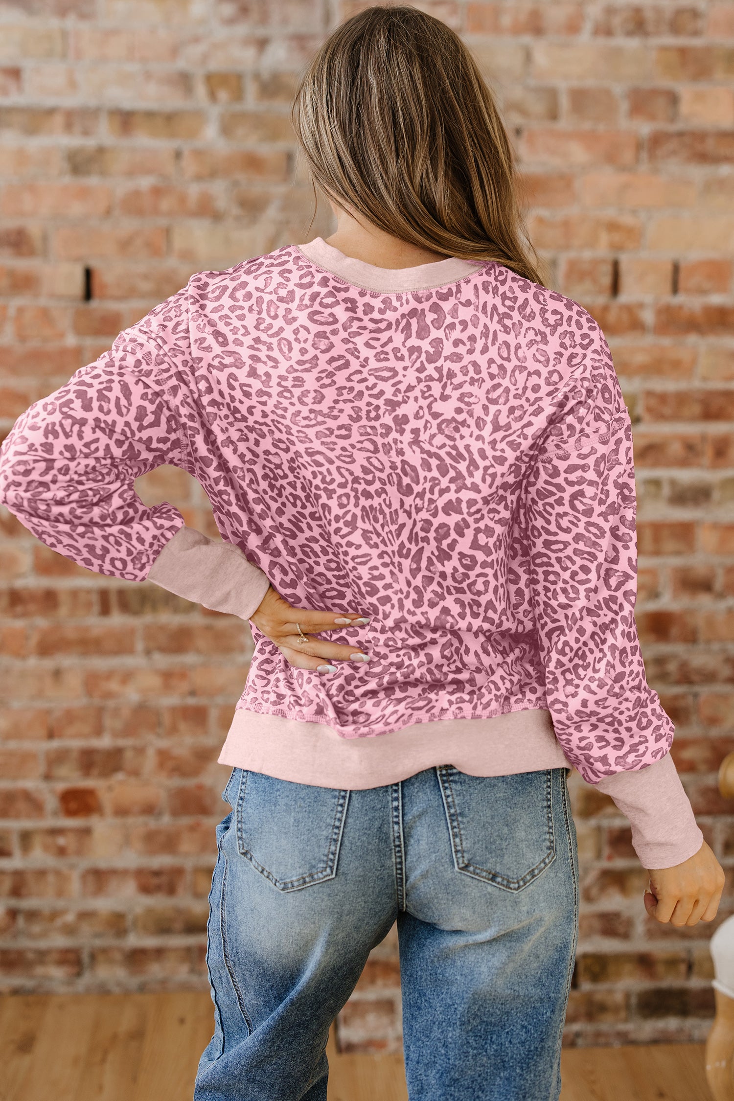 Pink Leopard Print Patchwork Crew Neck Sweatshirt-Tops/Sweatshirts & Hoodies-[Adult]-[Female]-2022 Online Blue Zone Planet