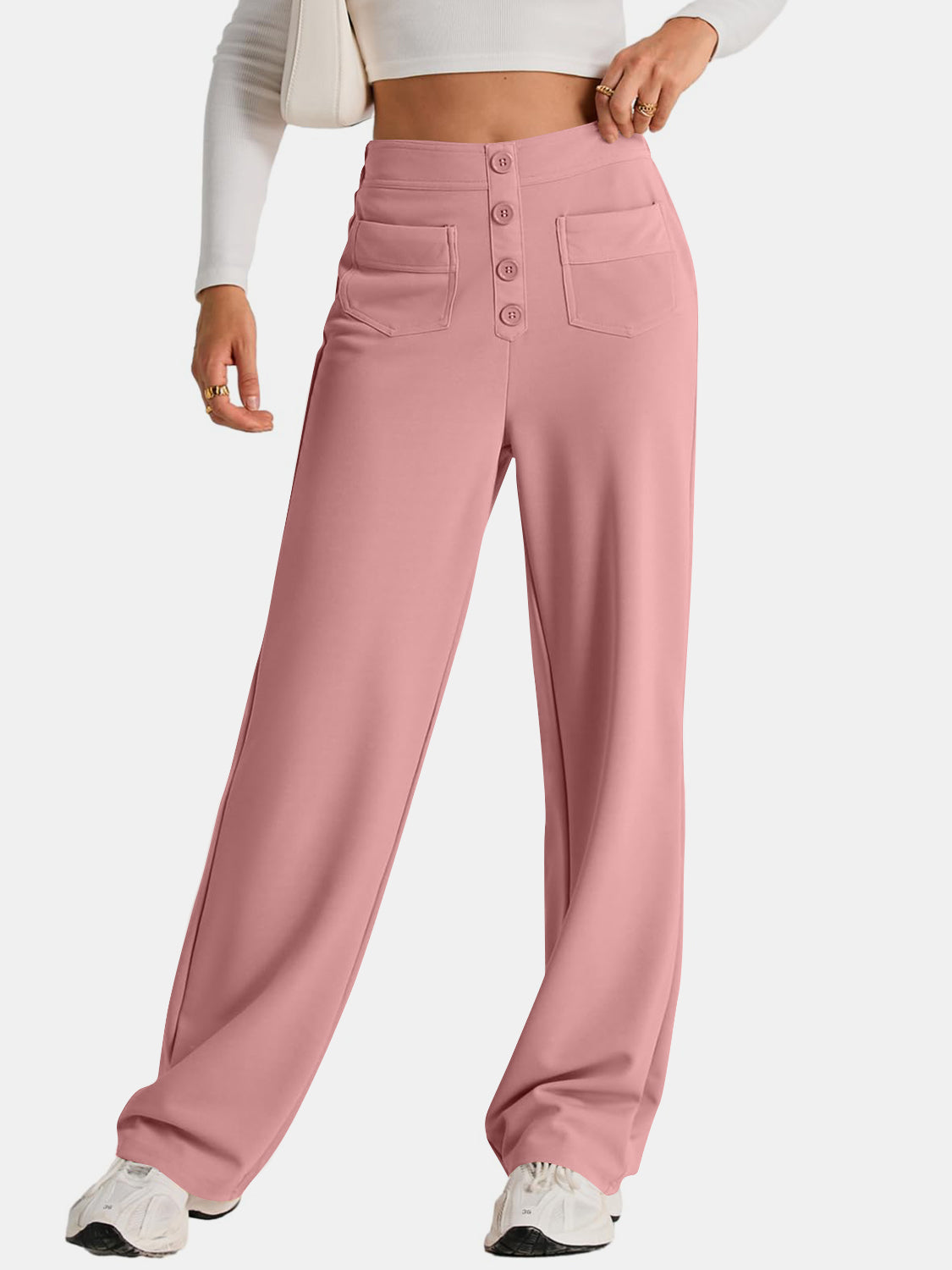 Blue Zone Planet | High Waist Wide Leg Pants-BOTTOMS SIZES SMALL MEDIUM LARGE-[Adult]-[Female]-Pale Blush-S-2022 Online Blue Zone Planet