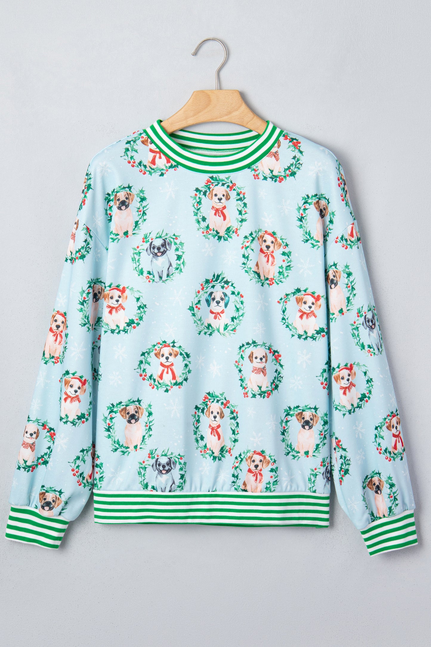 Sky Blue Abstract Dog Print Ribbed Cuff Round Neck Long Sleeve Sweatshirt-Tops/Sweatshirts & Hoodies-[Adult]-[Female]-2022 Online Blue Zone Planet