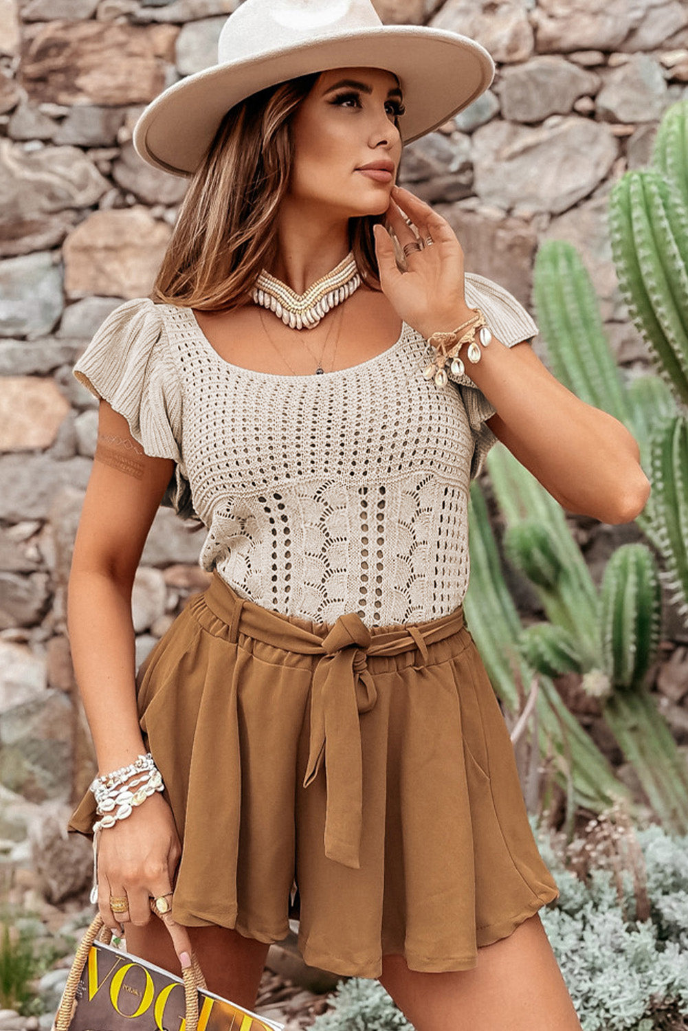 Beige Pointelle Knit Flutter Sleeve Sweater-Sale (50% OFF)/30% OFF-[Adult]-[Female]-2022 Online Blue Zone Planet