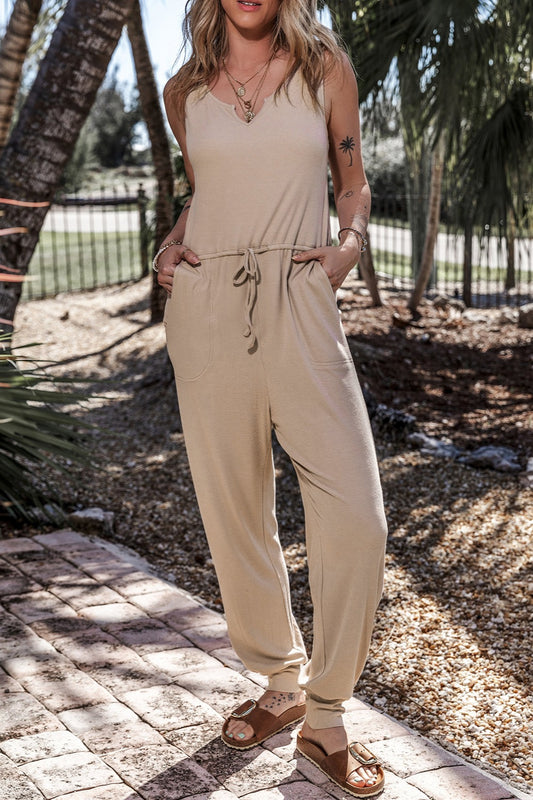 Drawstring Notched Wide Strap Jumpsuit-TOPS / DRESSES-[Adult]-[Female]-Tan-S-2022 Online Blue Zone Planet