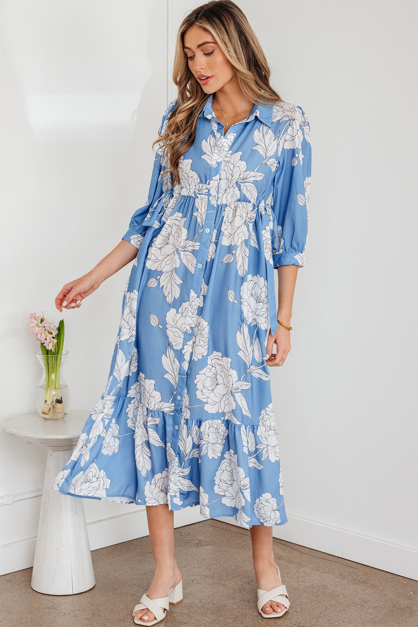 Sky Blue Floral Print Shirt Collar Button Down 3/4 Sleeve Ruffle Hem Long Dress-TOPS / DRESSES-[Adult]-[Female]-2022 Online Blue Zone Planet
