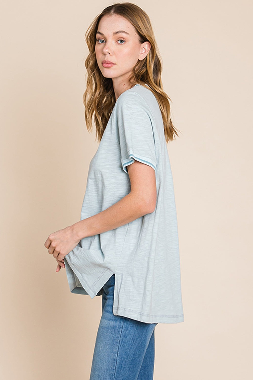 Blue Zone Planet | Cotton Bleu by Nu Lab Contrast Trim Short Sleeve Slit T-Shirt-TOPS / DRESSES-[Adult]-[Female]-2022 Online Blue Zone Planet