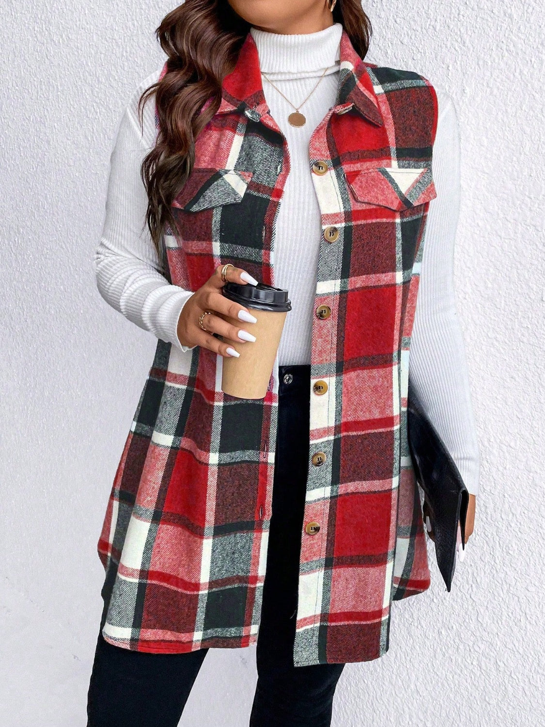 Honey Plus Size Pocketed Plaid Button Up Vest Coat-TOPS / DRESSES-[Adult]-[Female]-2022 Online Blue Zone Planet