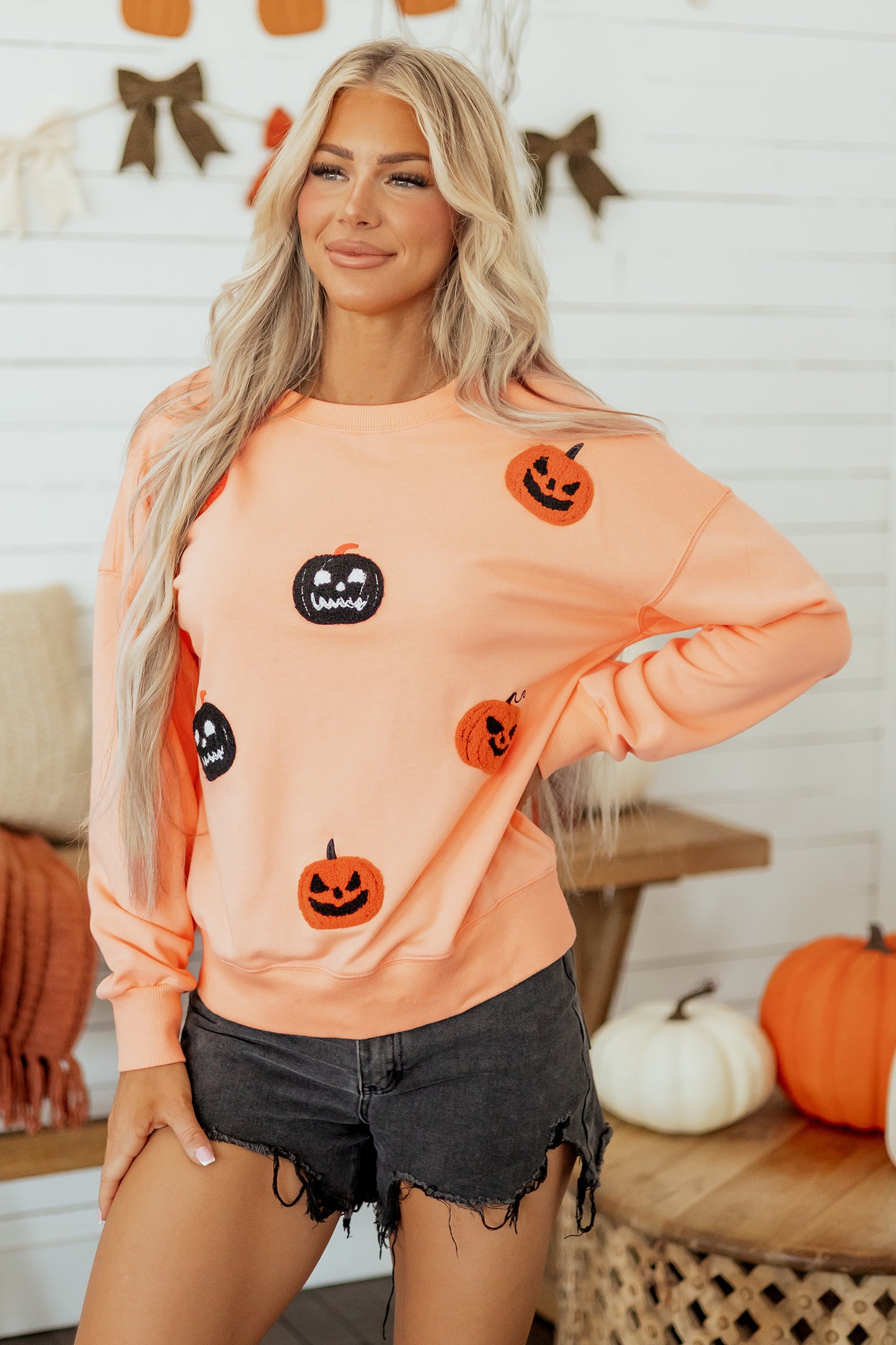 Orange Embroidered Pumpkin Face Drop Shoulder Sweatshirt-Tops/Sweatshirts & Hoodies-[Adult]-[Female]-2022 Online Blue Zone Planet