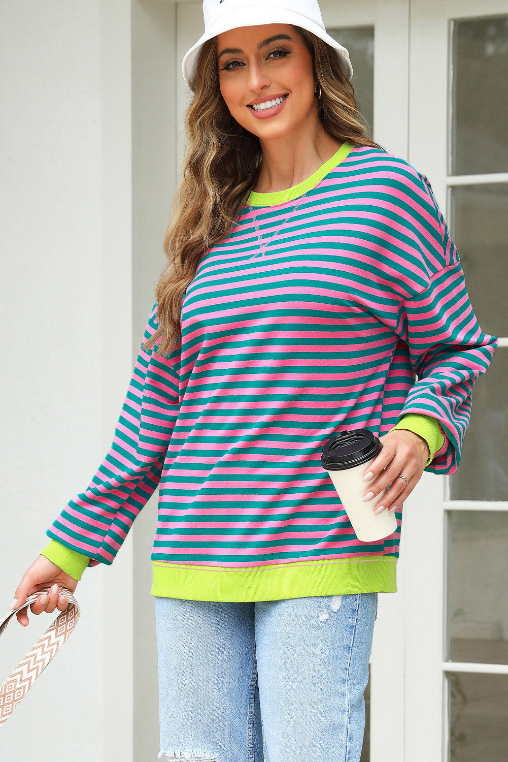 Rose Stripe Contrast Ribbed Trim Crossed Stitch Drop Shoulder Sweatshirt-Tops/Sweatshirts & Hoodies-[Adult]-[Female]-2022 Online Blue Zone Planet