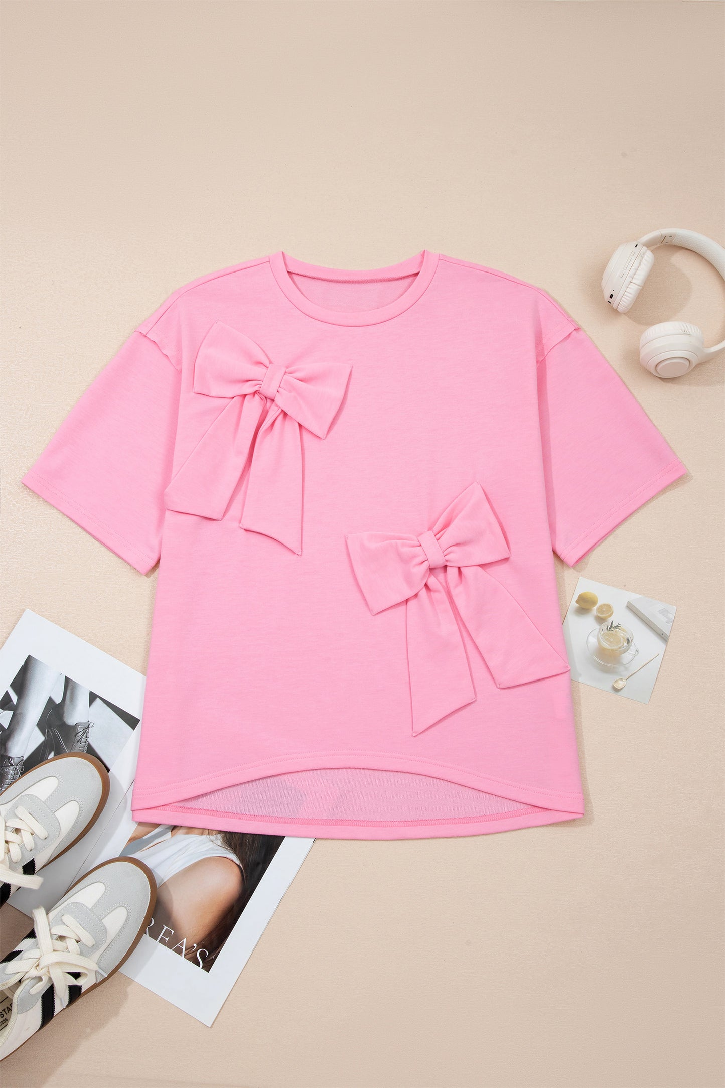 Pink Solid Color Raw Edge Bow Patch Loose T Shirt-Tops/Tops & Tees-[Adult]-[Female]-2022 Online Blue Zone Planet