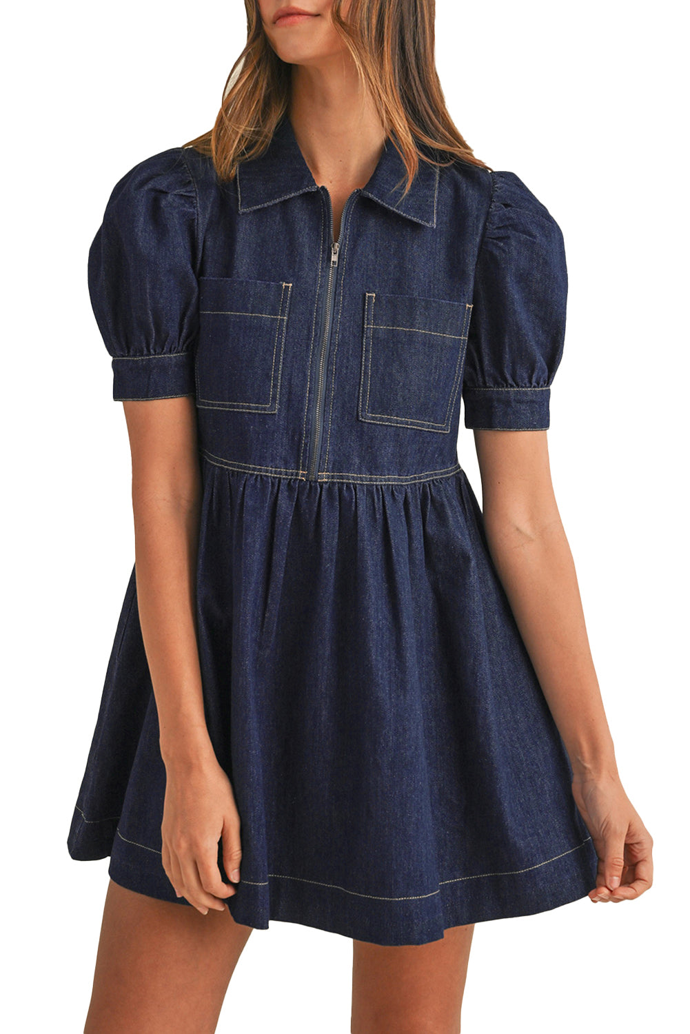 Dirty blue Zipped up Bodice Collared Short Puff Sleeve Denim Dress-TOPS / DRESSES-[Adult]-[Female]-2022 Online Blue Zone Planet